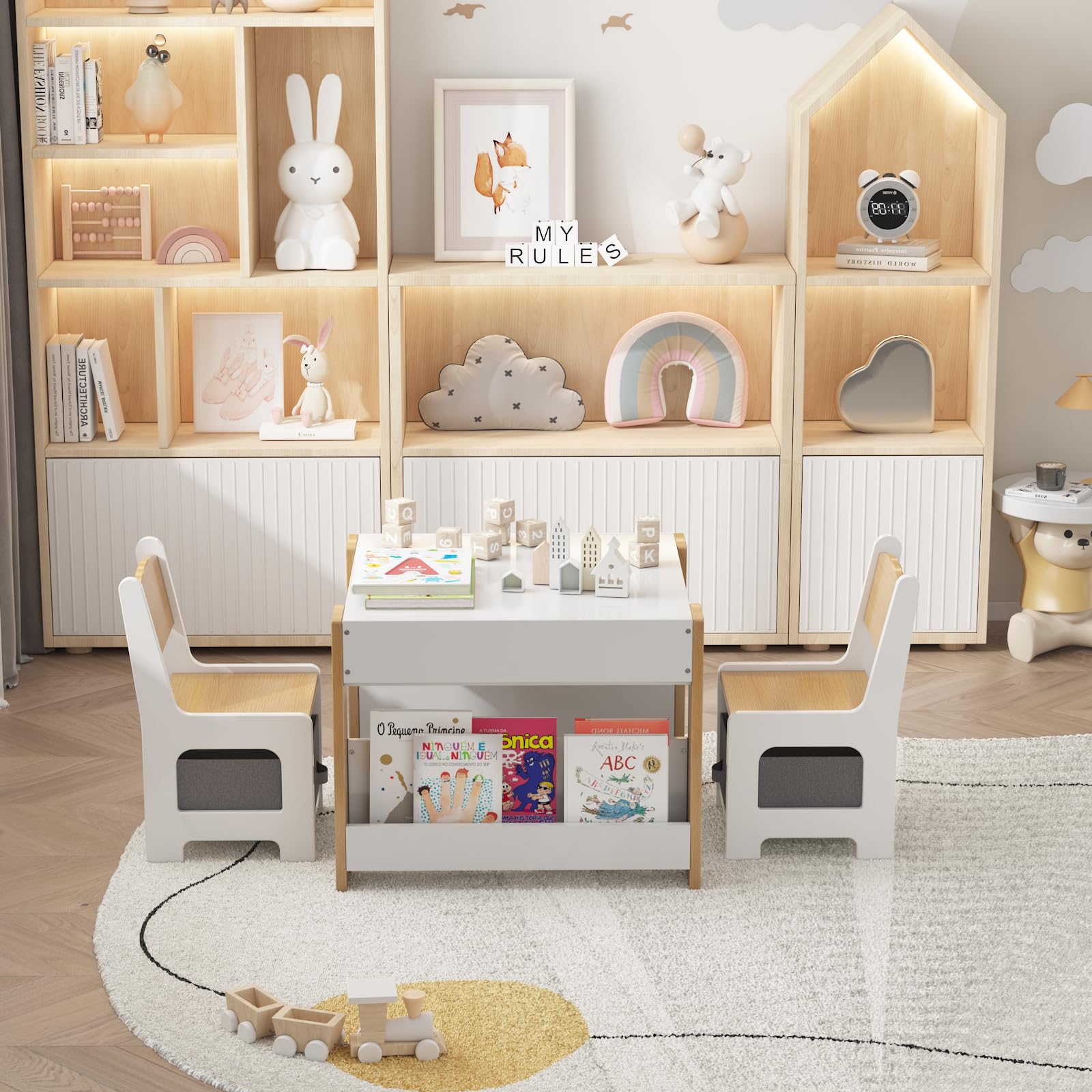 Garvee Set Tavolo e Sedie per Bambini 4 in 1 Tavolo Attività con Contenitore, Legno, Multifunzionale, Sicuro, per la Cameretta dei Bambini