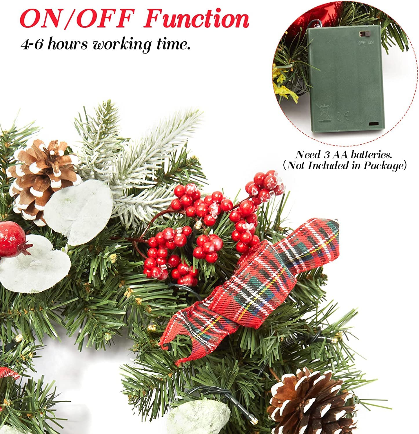 Ghirlanda natalizia GARVEE da 45 cm con 15 luci LED, pigne e bacche per la decorazione di porte e finestre, materiali naturali, stile festoso del bosco