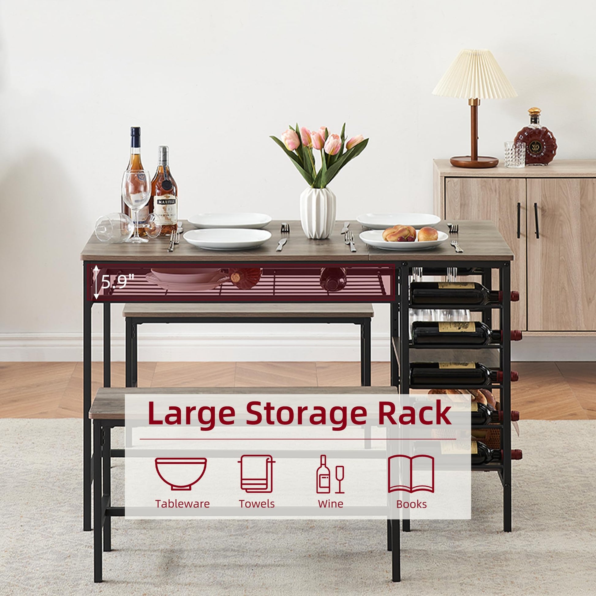 Set da pranzo Garvee per 4 persone con portabottiglie e contenitore, metallo e legno, salvaspazio, robusto, 2 panche, piccoli spazi