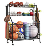 Garvee Organizzatore Attrezzatura Sportiva Grande Capacità con Ganci e Cesti per Garage e Palestra, 42 cmP x 91,7 cmL x 115,8 cmA, Acciaio Verniciato Nero