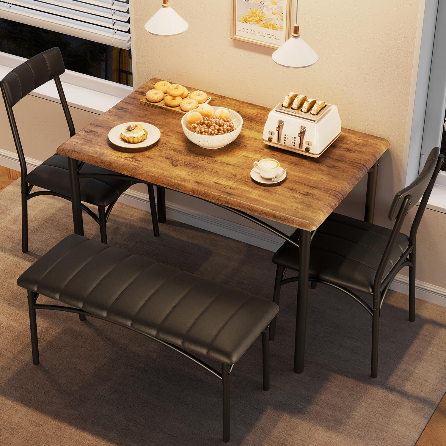 Set da pranzo Garvee per 4 persone con panca e sedie imbottite, robusto, salvaspazio, marrone, ideale per stanze piccole