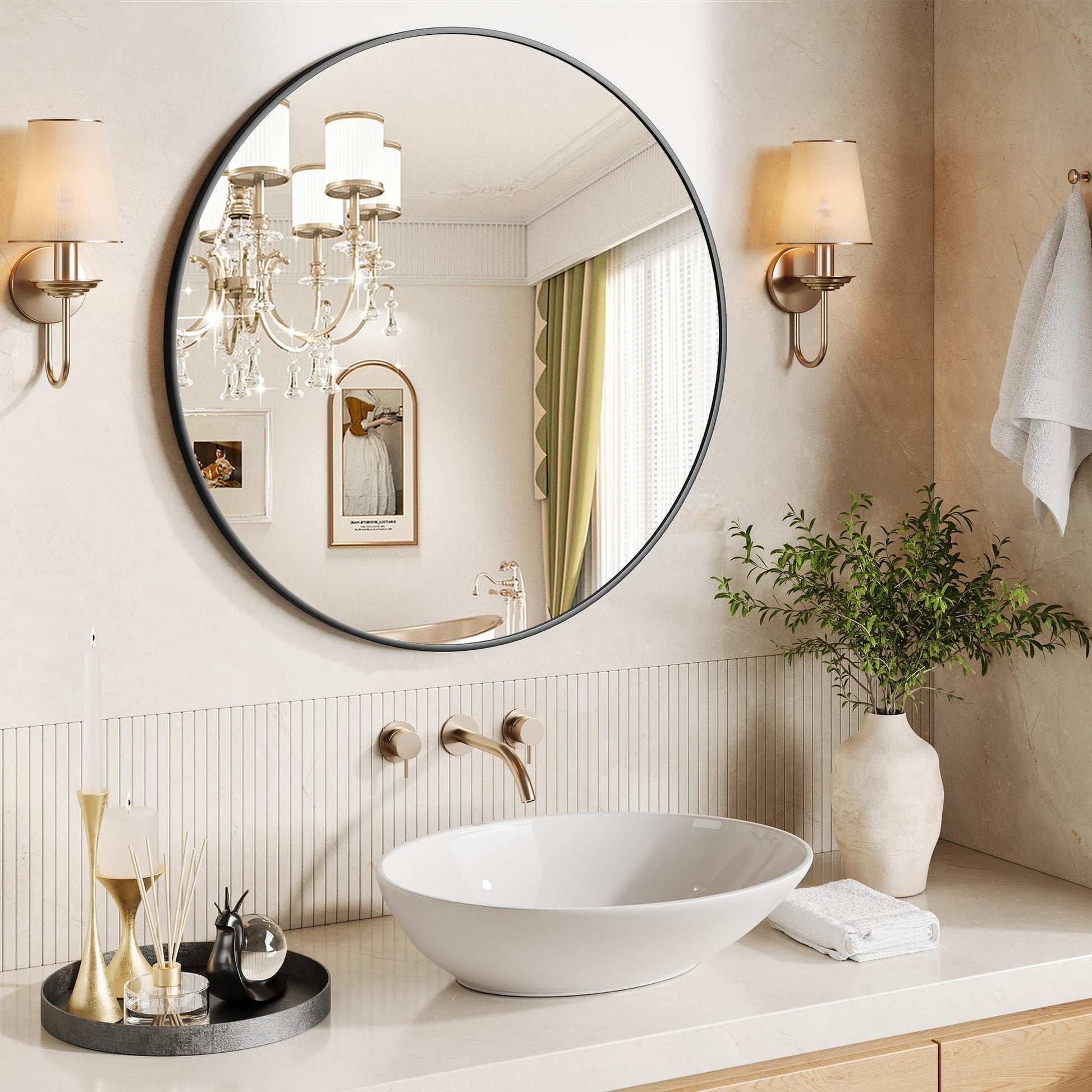 Specchio da parete rotondo nero Garvee da 30 pollici con cornice in metallo, moderno, antiruggine e antipolvere, per bagno, soggiorno, camera da letto
