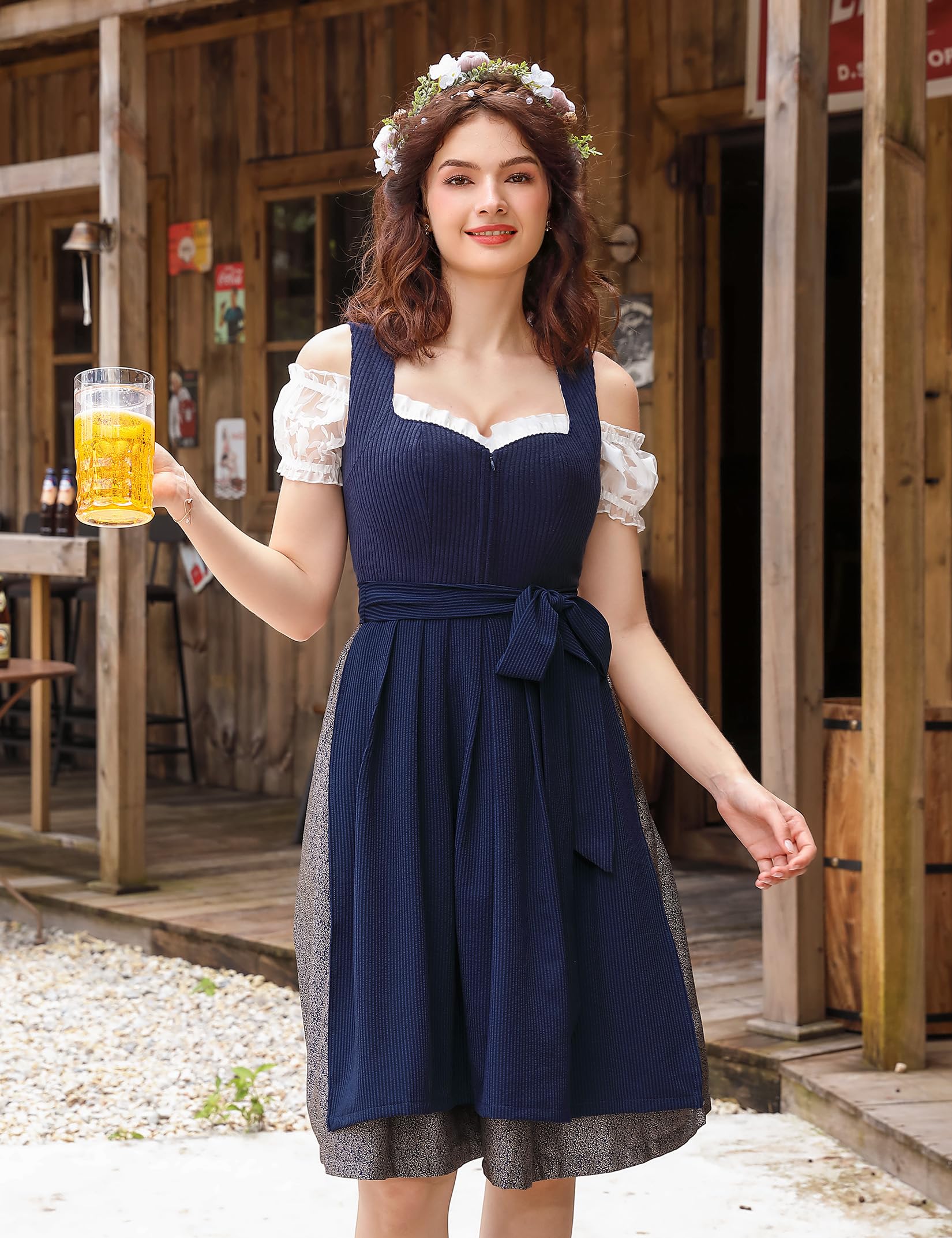 Garvee - Set da 3 pezzi in Dirndl tradizionale midi da donna per Oktoberfest, Carnevale e Martedì Grasso, blu, taglia 36, tradizionale, elegante, di alta qualità