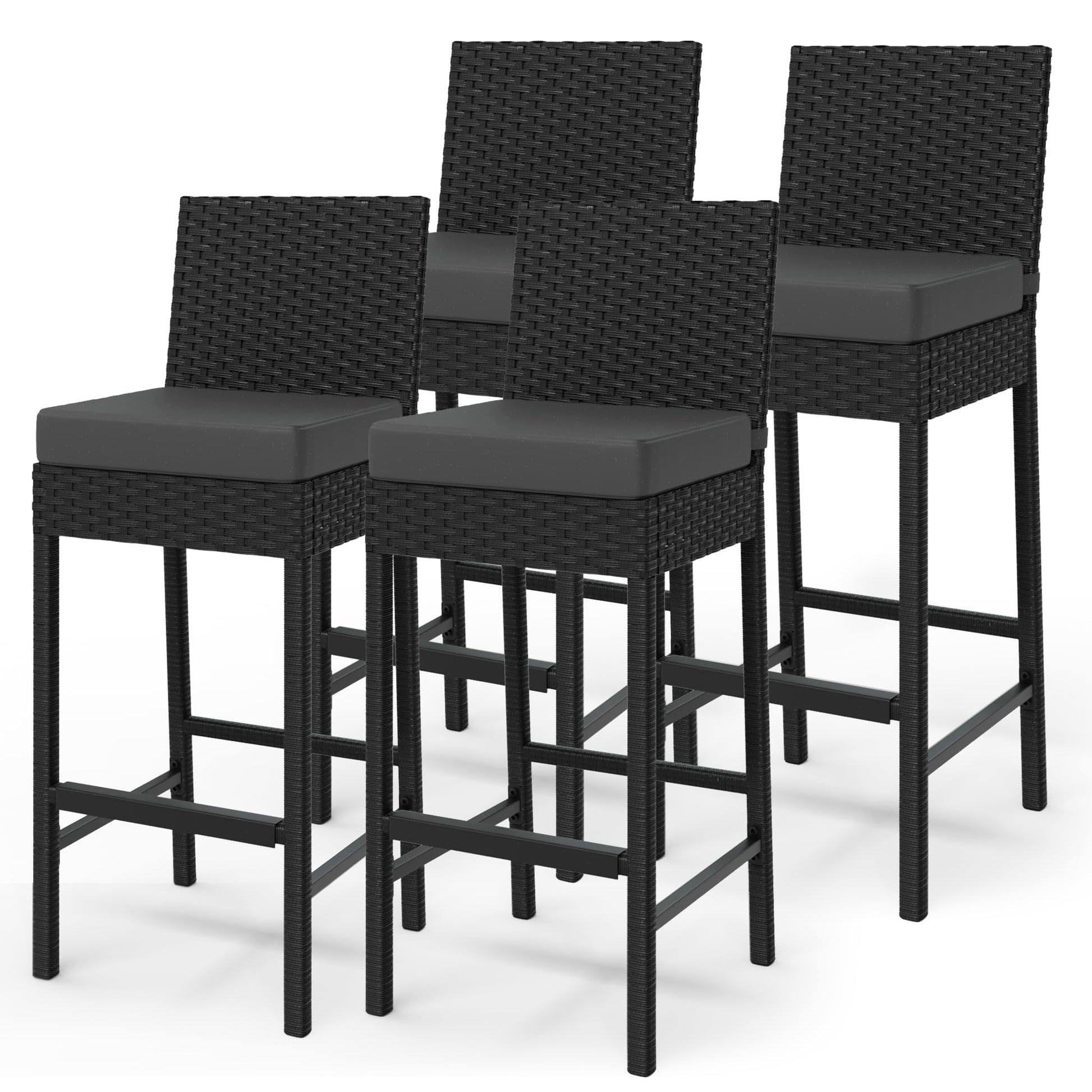 Set di 4 sgabelli da bar per esterni in vimini Garvee - Ergonomici e robusti - Struttura in rattan PE e acciaio - Per giardino e patio - 16''x17,7''x40,7'' - Nero resistente alle intemperie