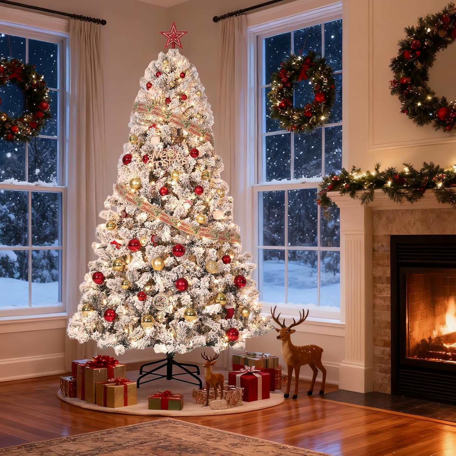 Albero di Natale Artificiale Garvee 137 cm con Effetto Brina e Luci Bianche Calde per Decorazioni Invernali Festive in Soggiorno