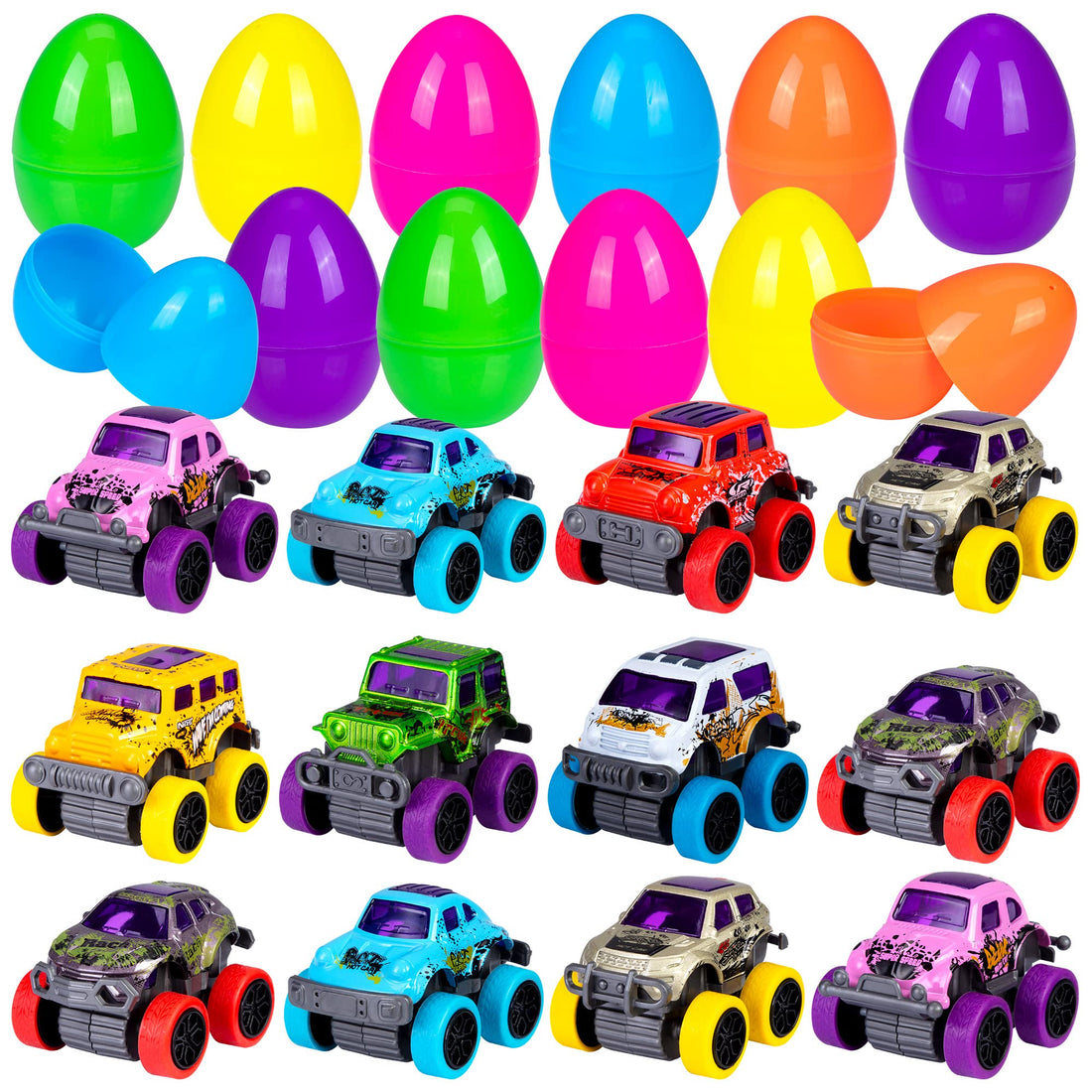 Set di 12 uova di Pasqua Garvee con monster truck a scomparsa, disegni di graffiti colorati, 3,1 pollici*2,1 pollici, multicolore per la caccia alle uova di Pasqua e le feste per bambini