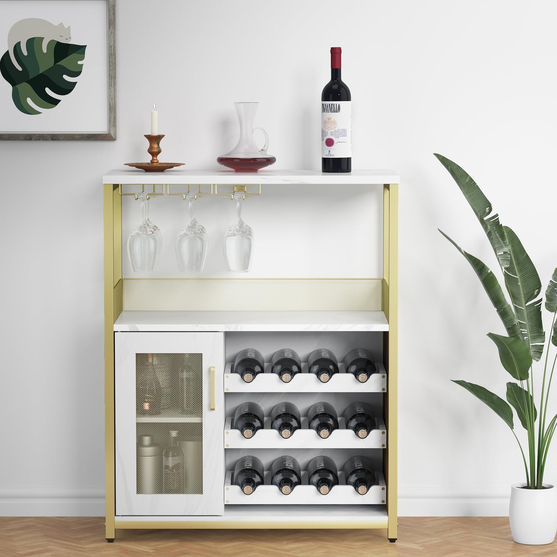 Mobile bar portabottiglie Garvee con portabottiglie rimovibile, portabicchieri, MDF e ferro, oro, per soggiorno e bar, 27,2"L x 13,8"P x 36,2"A