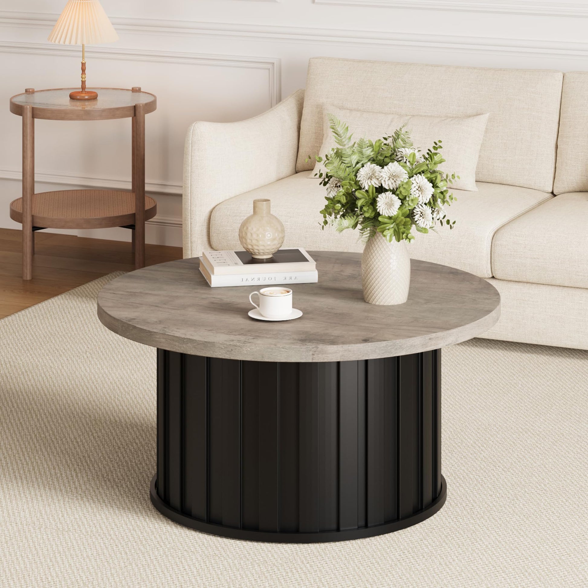 Tavolino da caffè rotondo Garvee, stile moderno di metà secolo, con struttura in metallo, piano scanalato da 31,9 pollici, in MDF nero, per soggiorno e appartamento
