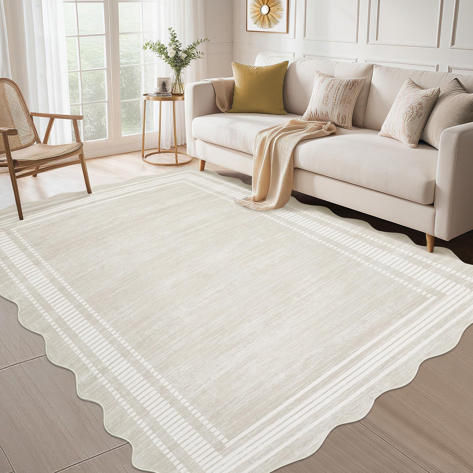 Tappeto lavabile Garvee Scalloped 5x7 color crema per soggiorno e ufficio, design moderno, antiscivolo, antimacchia, in poliestere