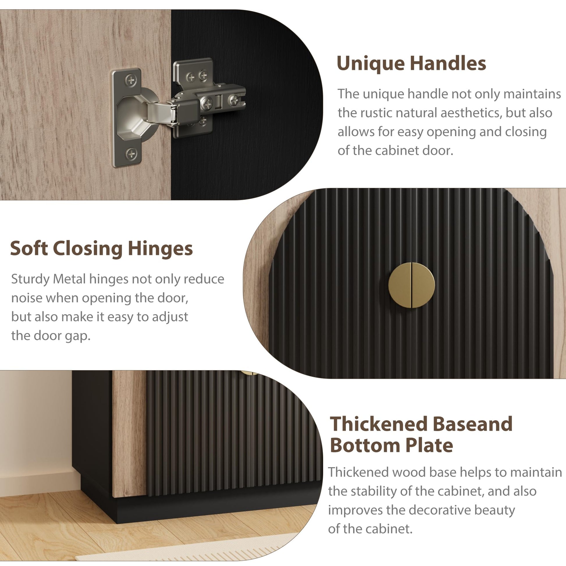 Mobile buffet Garvee Mid-Century Modern con design scanalato, ante ad arco, ripiani regolabili, nero-marrone per sala da pranzo e soggiorno, modulare, PB+MDF