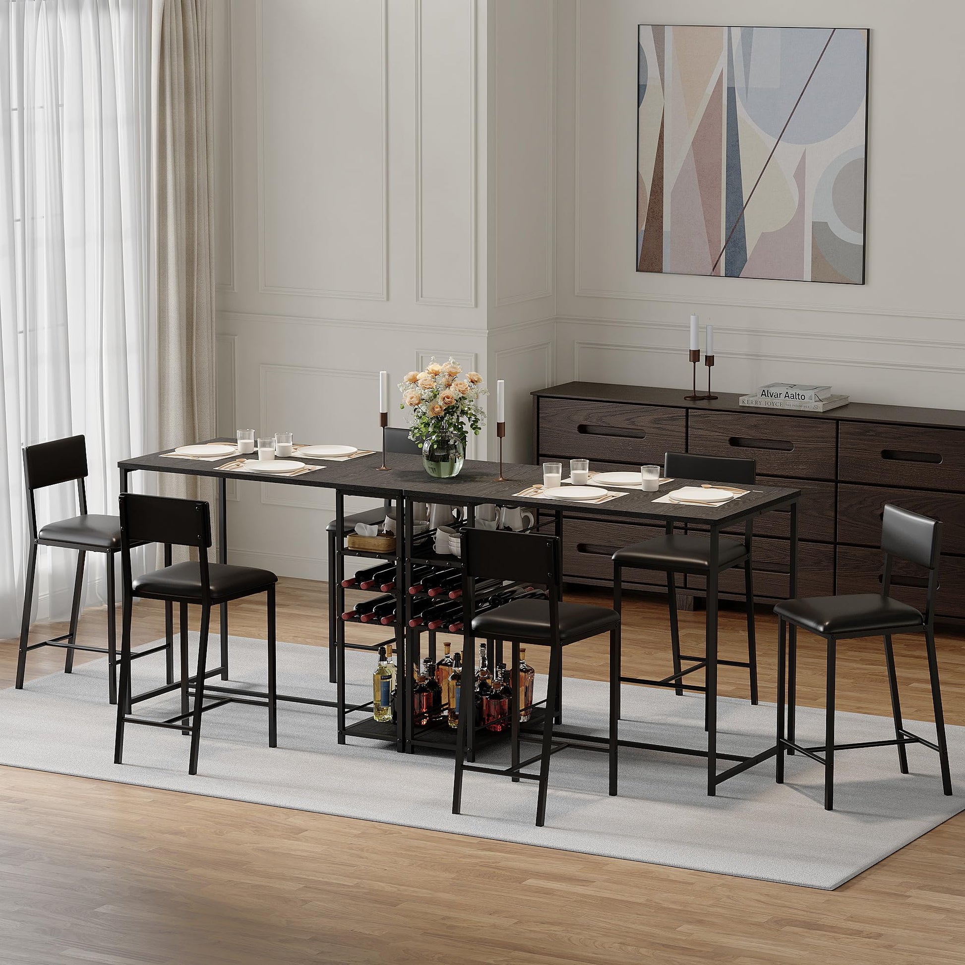 Tavolo da pranzo piccolo Garvee per 2 persone con 4 ripiani e portabottiglie, panca imbottita, struttura in acciaio, legno rustico, salvaspazio, cucine e studi piccoli