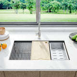 Garvee Lavello Cucina 84 cm Acciaio Inox 16 Gauge Sistema Drenaggio Integrato Finitura Nichel Spazzolato Vasca Singola Sottopiano Moderna - Lavello Singolo con Scalino 84x48x25 cm + Tagliere in Bambù + Cestino di Scarico + Griglia Inferiore + Scarico + Chiusura a Rullo 1,35 mm