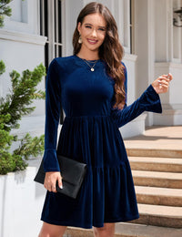 Garvee - Elegante abito invernale in velluto da donna, manica lunga, scollo rotondo, mini abito con volant, blu scuro, XL