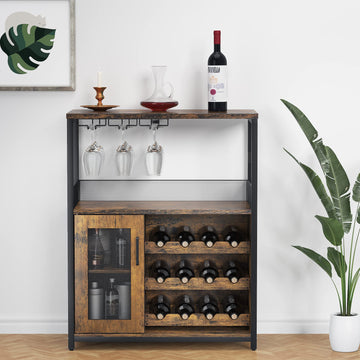Mobile bar per vino Garvee a 3 ripiani con portabottiglie rimovibile, portabicchieri e porta a rete per cucina e soggiorno, 27,2"L x 13,8"P x 36,2"A, MDF e ferro, versatile