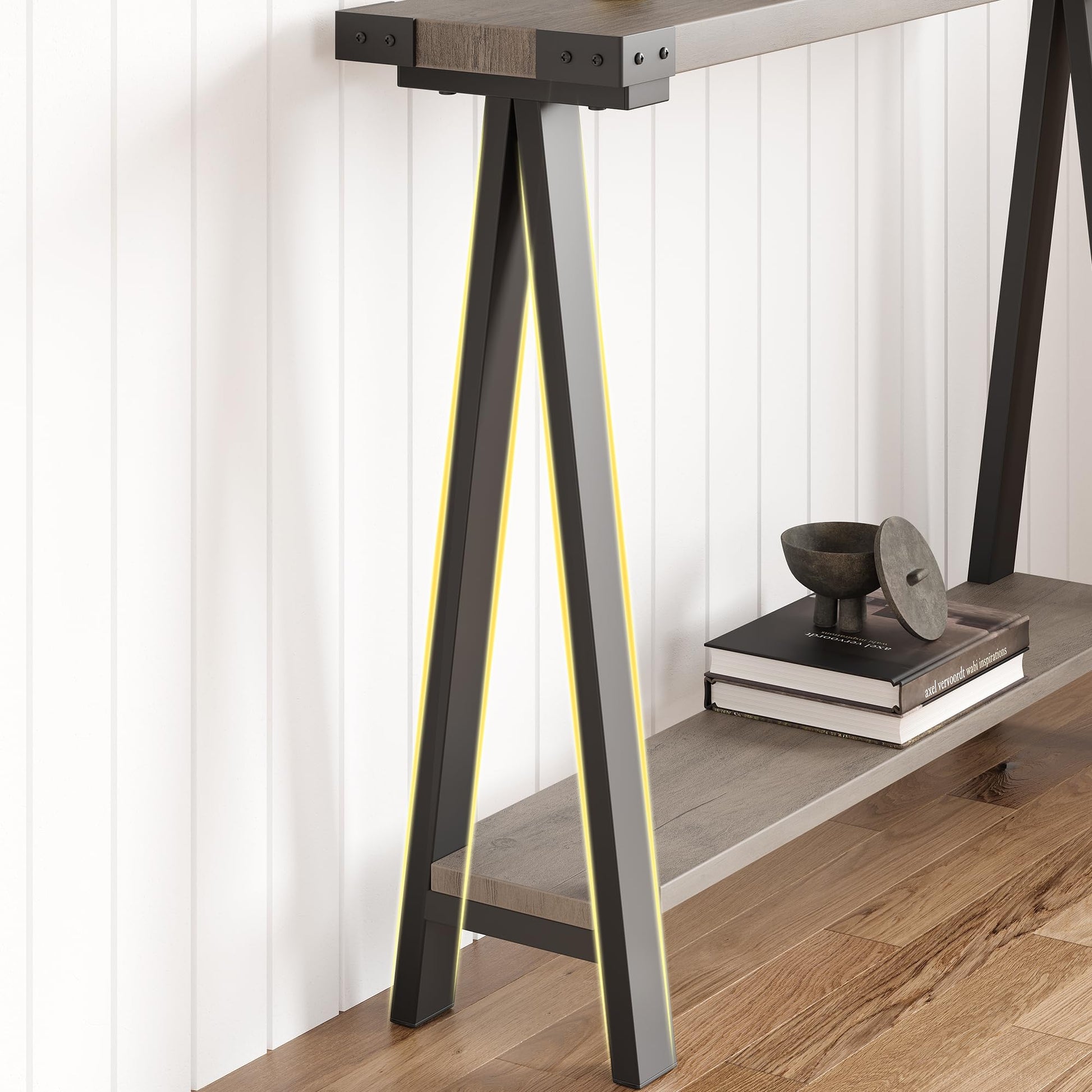 Tavolo consolle Garvee per corridoio con 2 ripiani, stretto 43,3" x 8,3" x 31,5", legno e metallo, design con gambe a R, soggiorno e ingresso, facile da montare