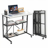 Garvee Scrivania Pieghevole 3 Ripiani 80 cm con Ruote, Struttura in Ferro, Organizer Mobile per Studio e Cucina, Nero, Compatta e Robusta - White