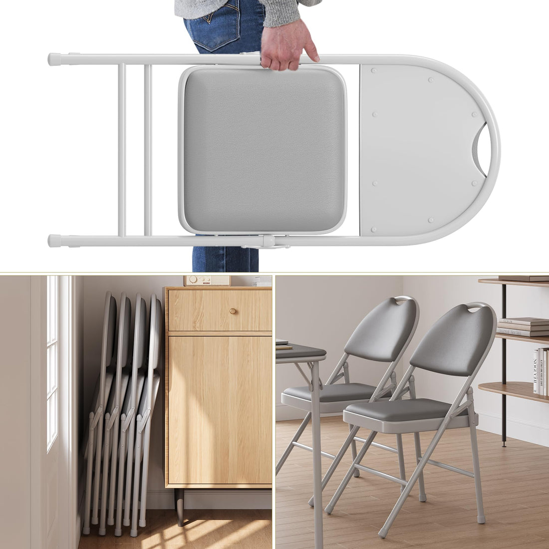 Garvee Set di 2 sedie pieghevoli in similpelle, imbottite, pieghevoli, in metallo, per ufficio e campeggio, piedini antiscivolo, impilabili