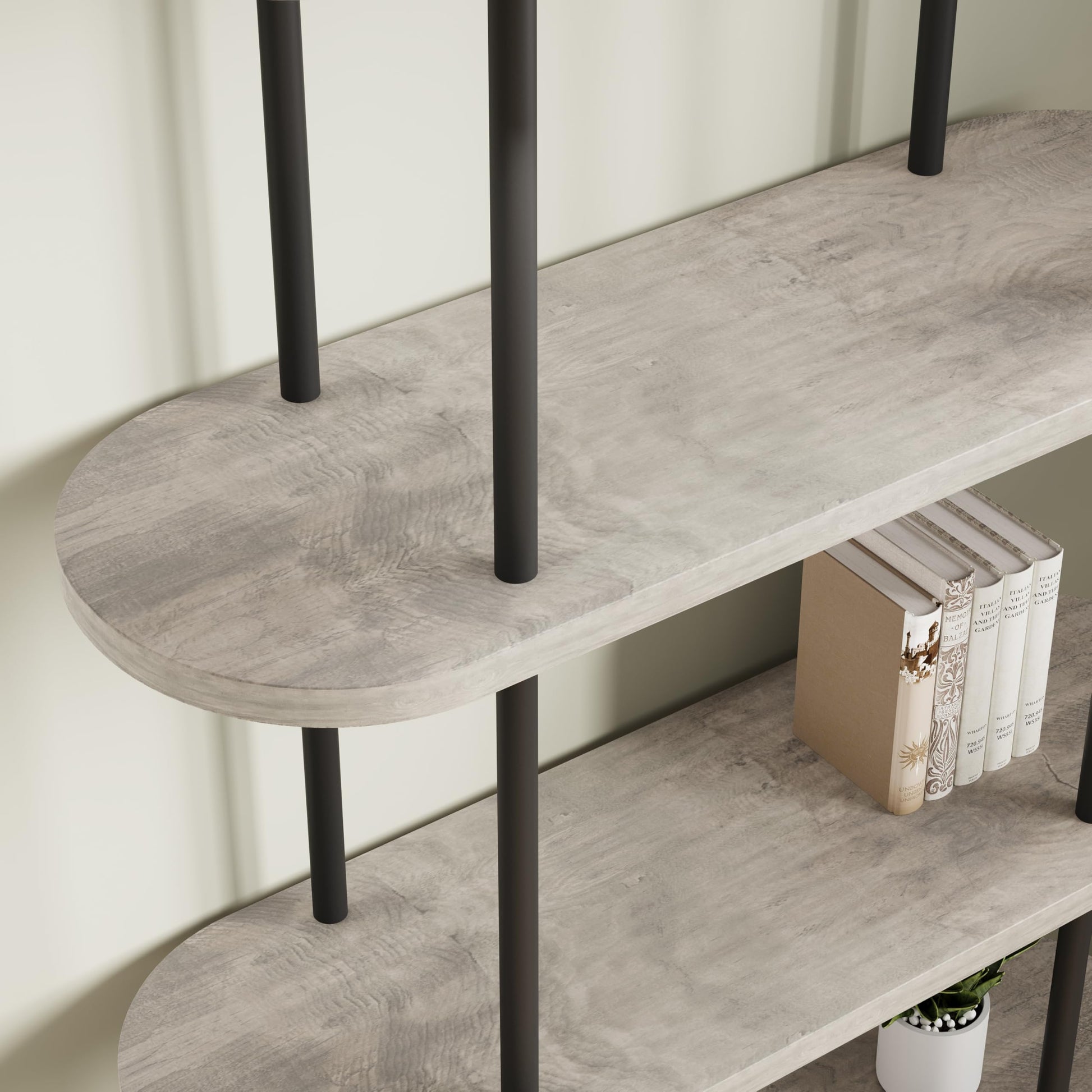 Libreria ad arco Garvee da 71" con 5 ripiani, struttura in metallo, colore nero e grafite, per soggiorno e ufficio, robusta e versatile.