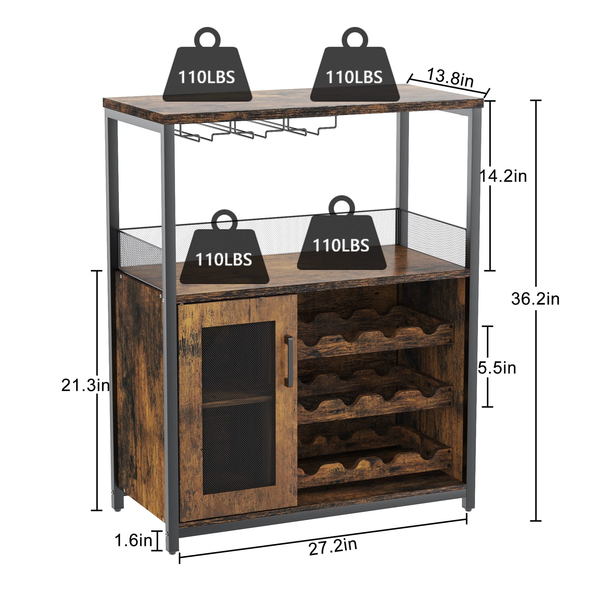 Mobile bar per vino Garvee a 3 ripiani con portabottiglie rimovibile, portabicchieri e porta a rete per cucina e soggiorno, 27,2"L x 13,8"P x 36,2"A, MDF e ferro, versatile