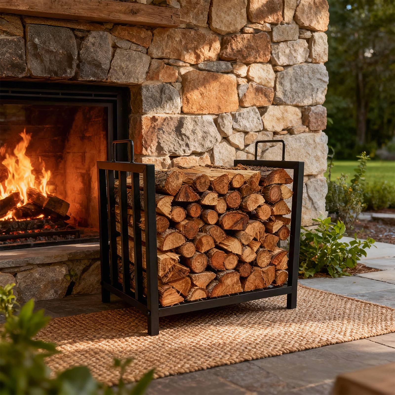 Portalegna in metallo Garvee, nero, portatile con maniglie per camino, braciere, stufa a legna, 17,5x11,8x15,7