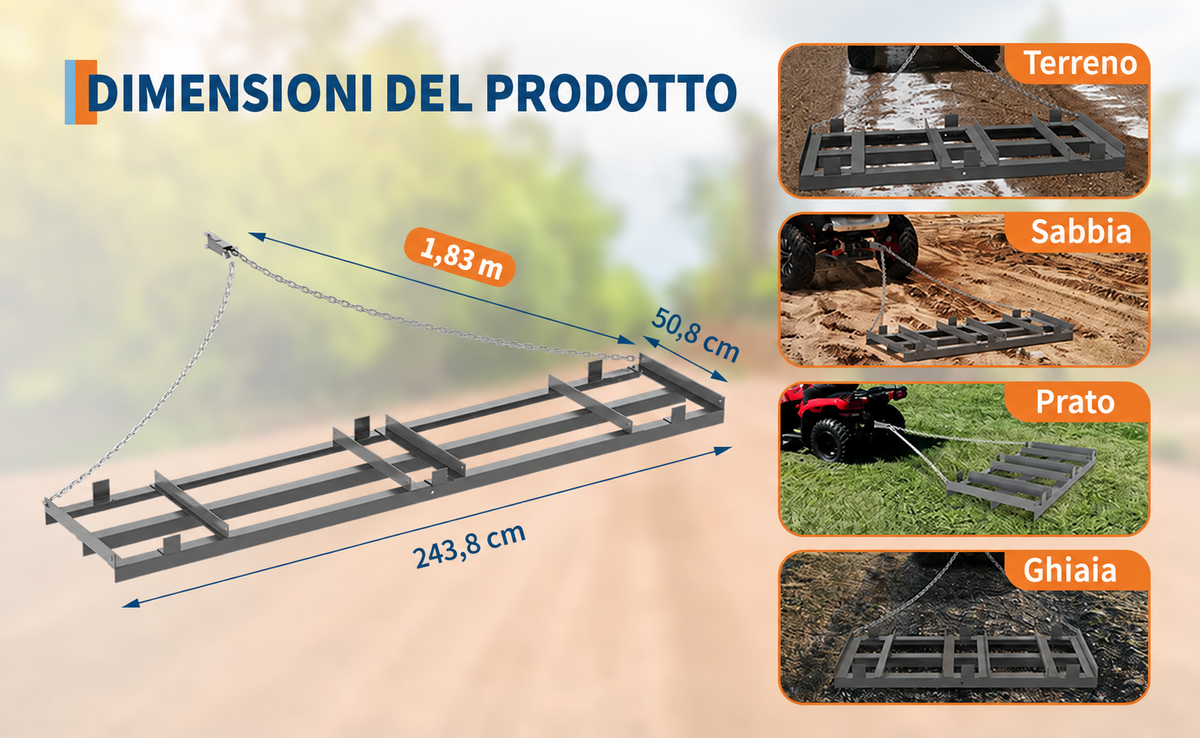 Garvee Rastra Pesante Da 2,44 m Con Catena 1,83 m E Barre Regolabili, Acciaio Verniciato, Grader Per Terreni, Prati, Ghiaia, Trattori, ATV - Livellamento E Preparazione Terreno