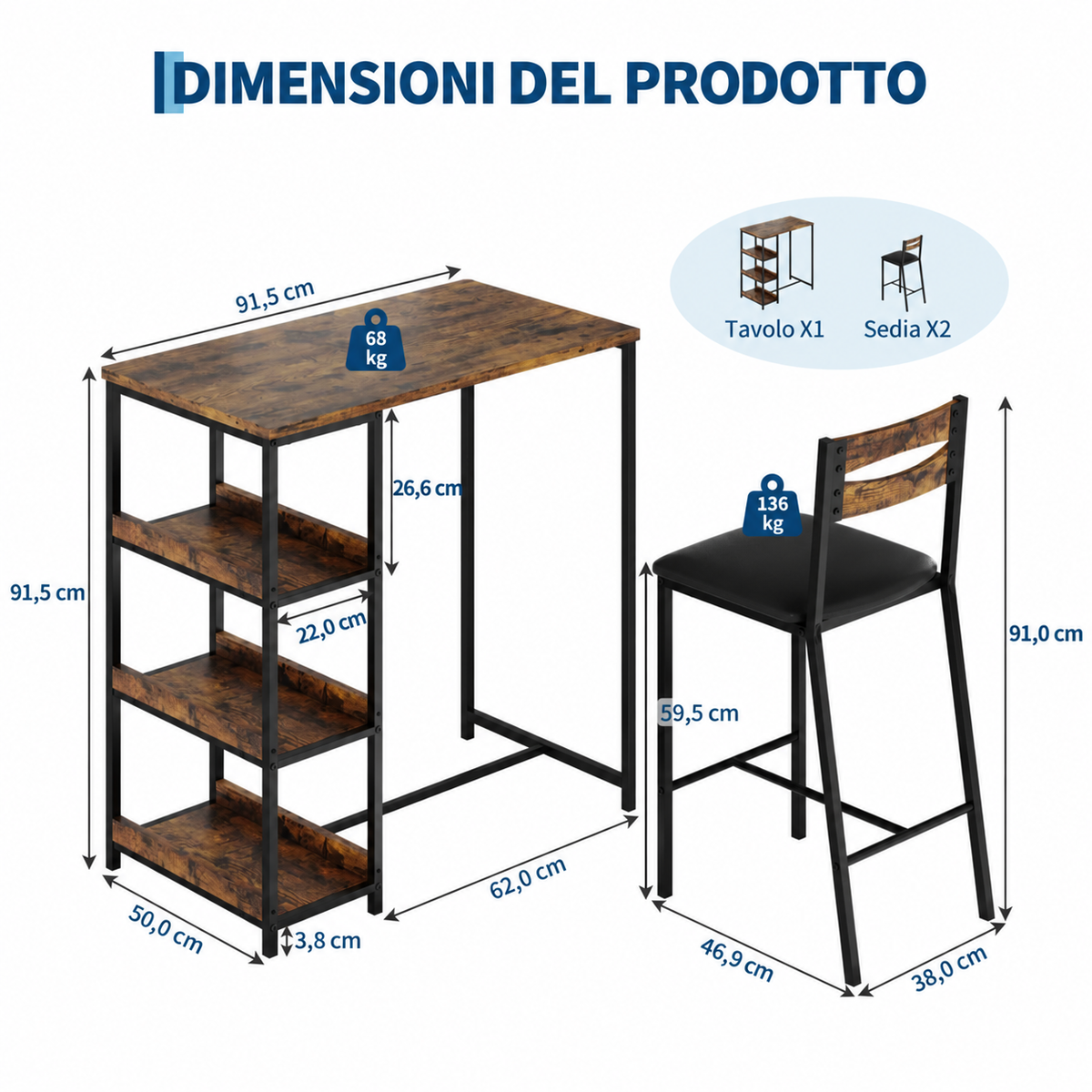 Set da Pranzo Garvee 3 Pezzi con Mensole, Tavolo 91,4 cm e 2 Sedie Imbottite, Design Salvaspazio, Melamina Resistente, Cuscini in Pelle PU, per Cucina e Sala da Pranzo