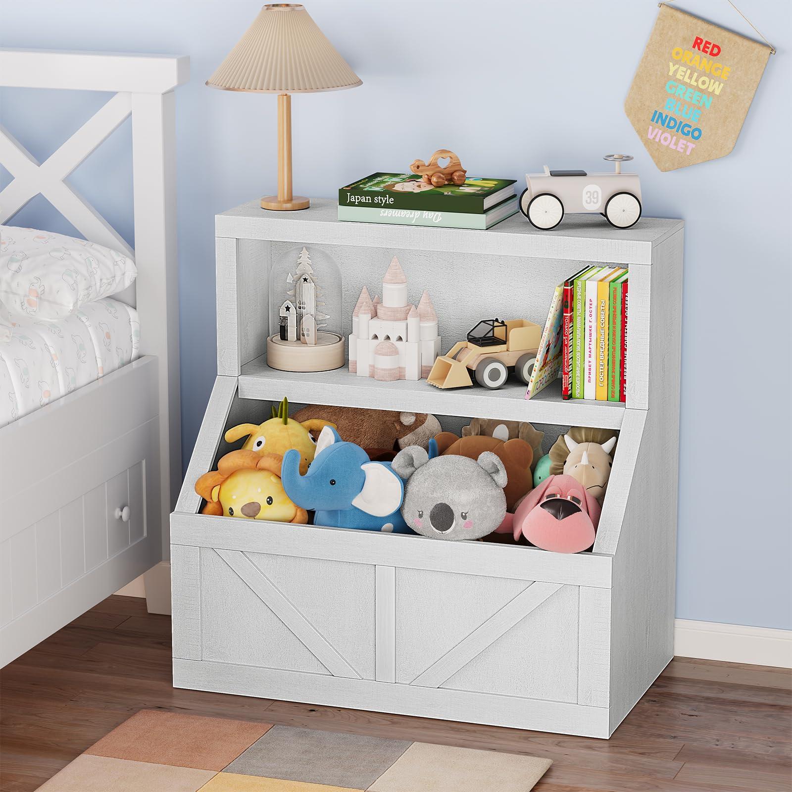 Libreria per bambini Garvee, organizer per giocattoli in legno con 2 scomparti e piano d'appoggio per sala giochi e cameretta, 31x16x32 pollici, legno naturale