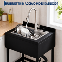 Lavello in acciaio inox Garvee 65x53x100 cm – Lavello singolo freestanding per cucina, lavanderia ed esterni – Struttura nera, vasca in acciaio inox