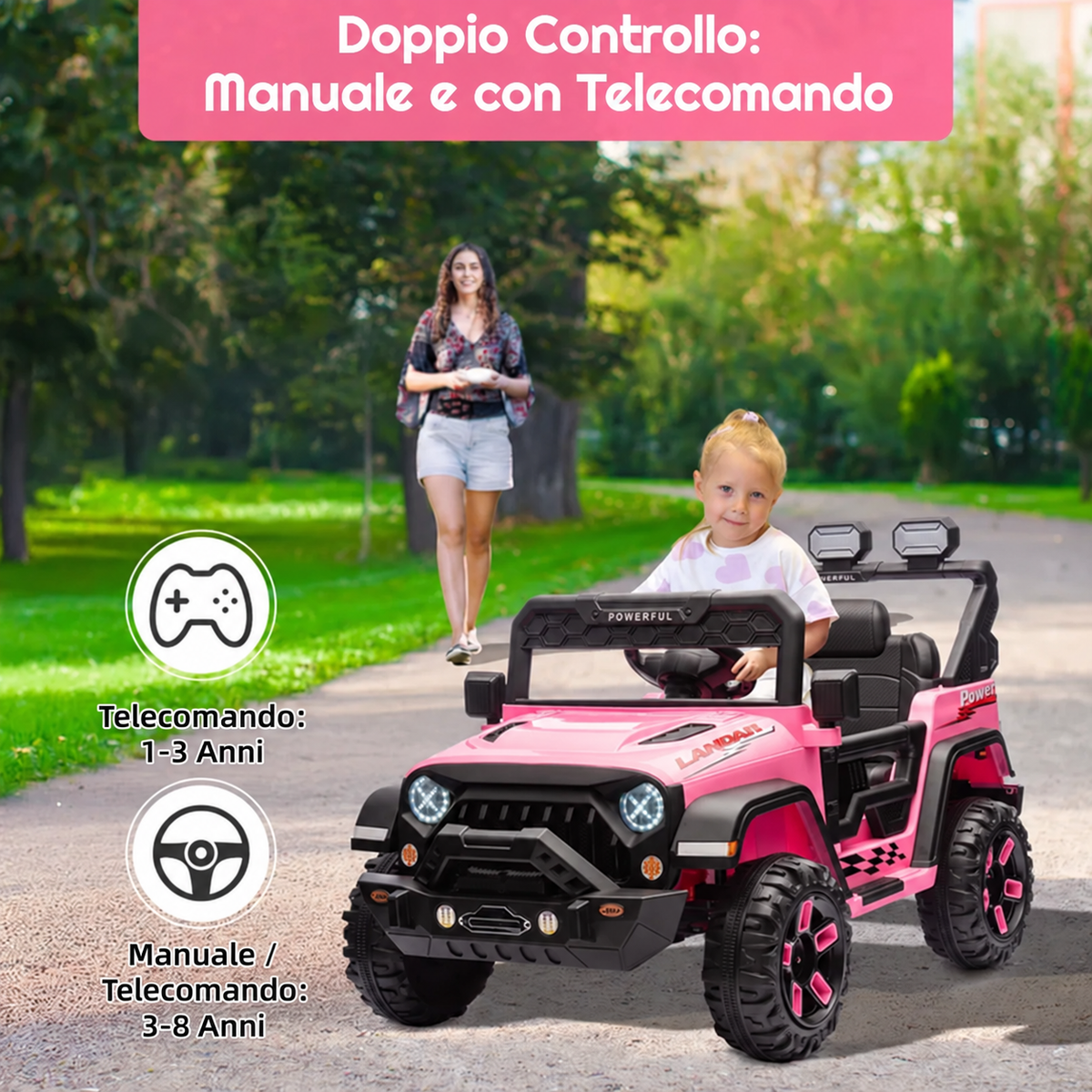 Auto elettrica per bambini Garvee con batteria potenziata da 12 V 7 Ah, 3 velocità, 2 modalità di funzionamento, telecomando 2.4G, luci LED, Bluetooth, cinture di sicurezza, rosa per bambini da 3 a 8 anni