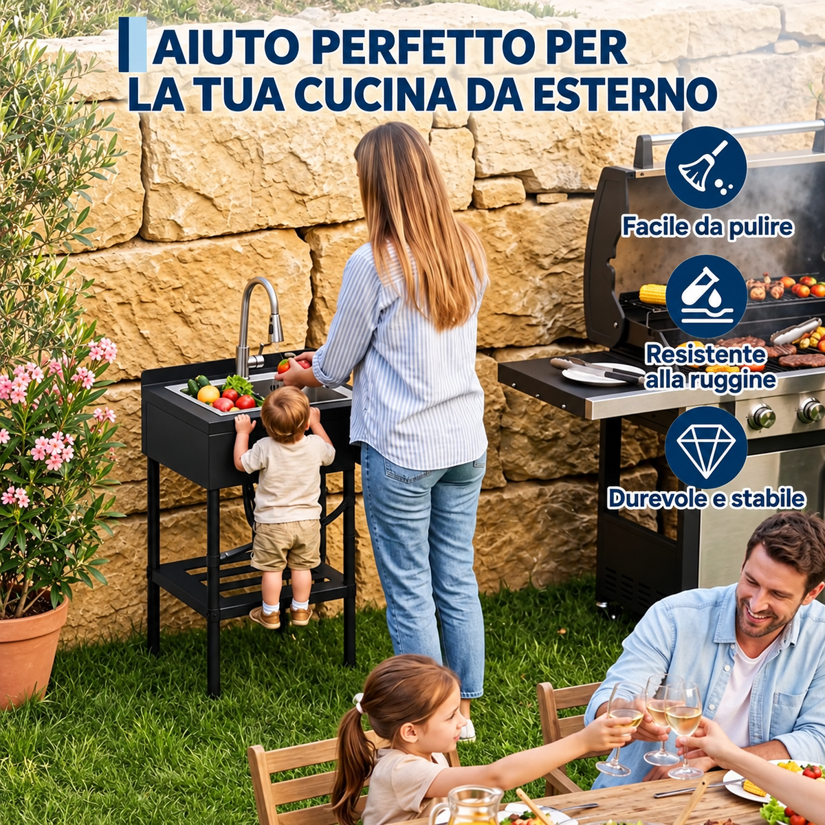 Lavello in acciaio inox Garvee 65x53x100 cm – Lavello singolo freestanding per cucina, lavanderia ed esterni – Struttura nera, vasca in acciaio inox