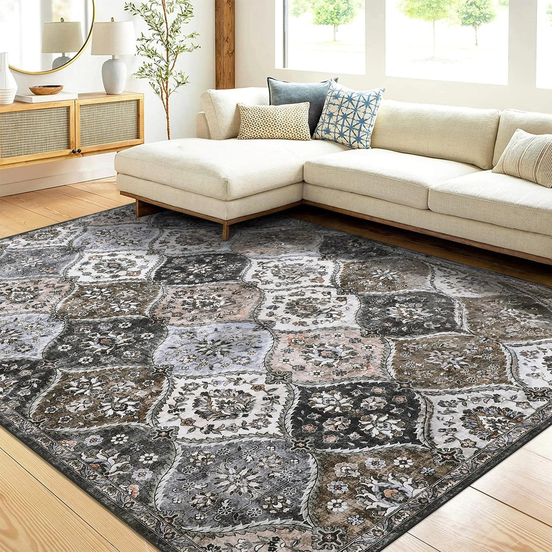 Tappeti vintage lavabili Garvee 160x230cm, tappetino pieghevole per interni a pelo corto, morbido e antiscivolo, grigio marrone, soggiorno, ufficio, cameretta dei bambini