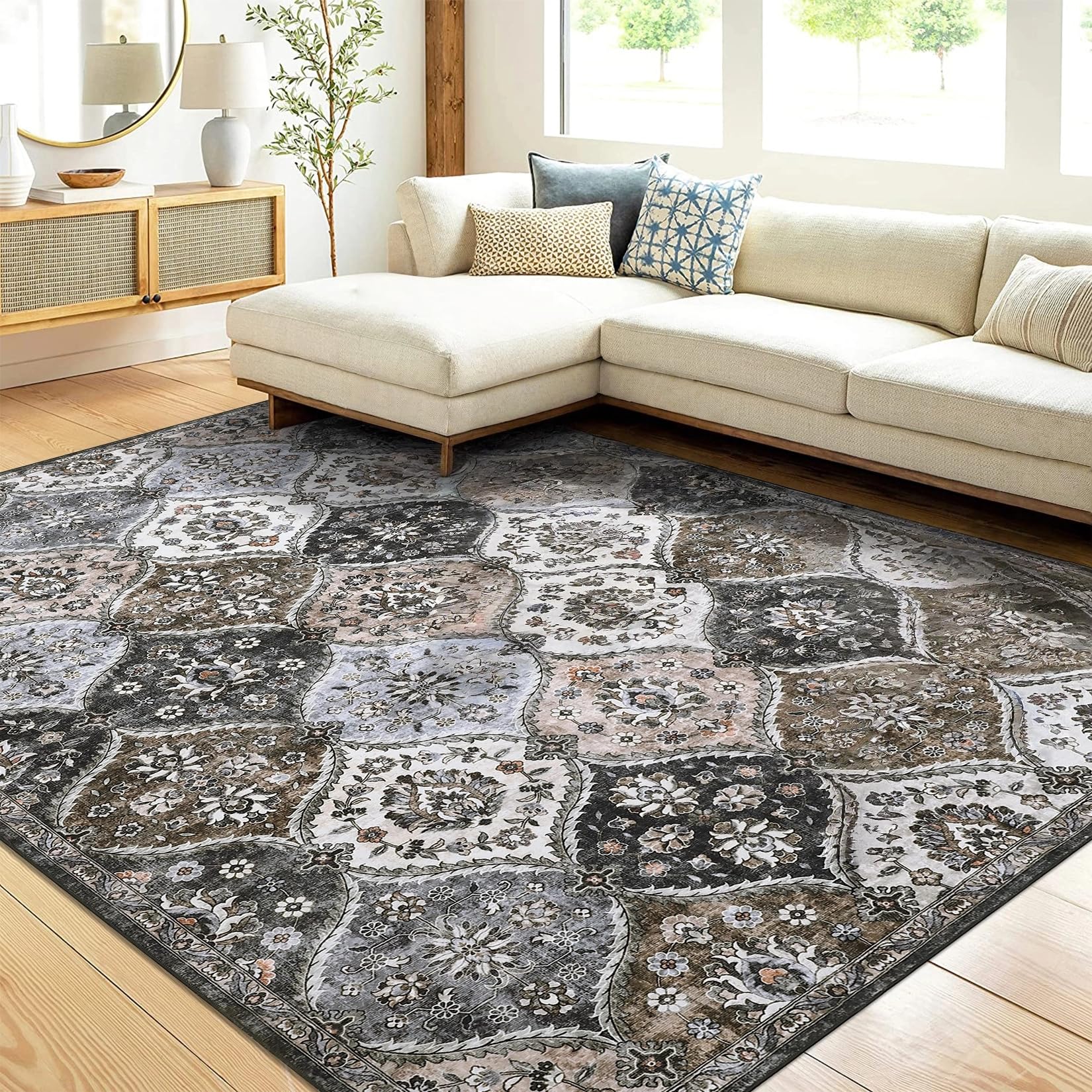 Tappeti vintage lavabili Garvee 160x230cm, tappetino pieghevole per interni a pelo corto, morbido e antiscivolo, grigio marrone, soggiorno, ufficio, cameretta dei bambini