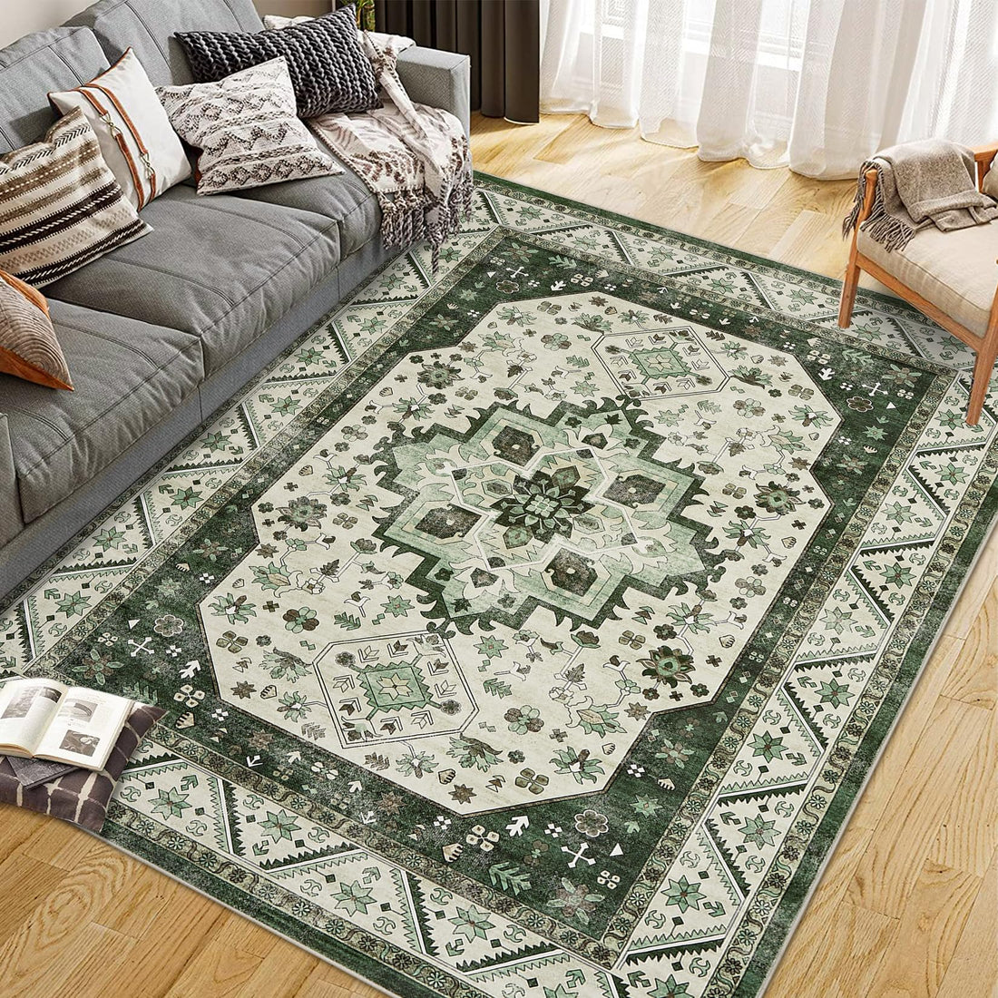Tappeto Garvee Vintage Boho 200x290cm, antiscivolo, lavabile, morbido, a pelo corto, anti-pelucchi, per soggiorno, camera da letto, ufficio
