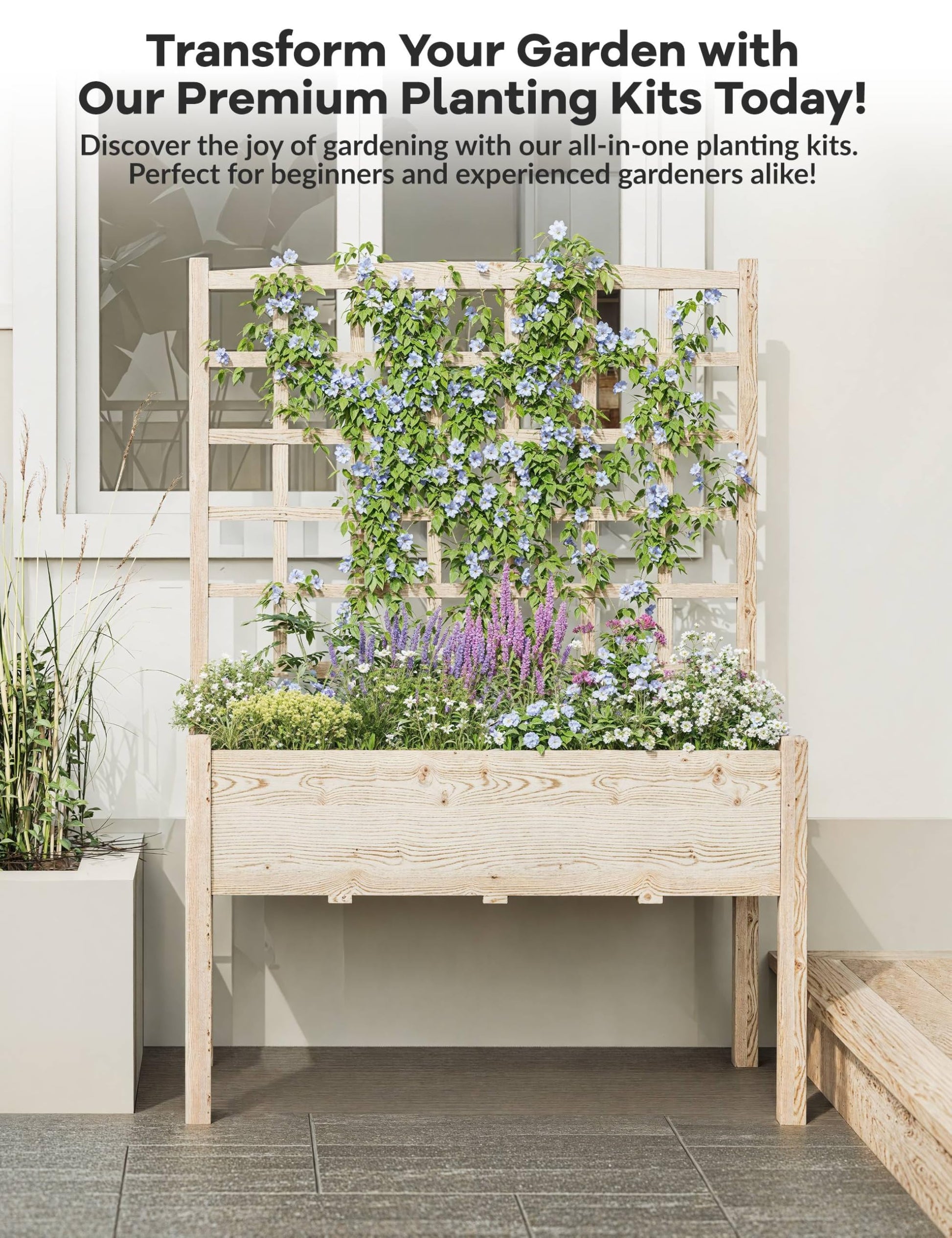 Aiuola rialzata Garvee con traliccio, in legno, resistente alle intemperie, grande, per balcone e giardino, ergonomica