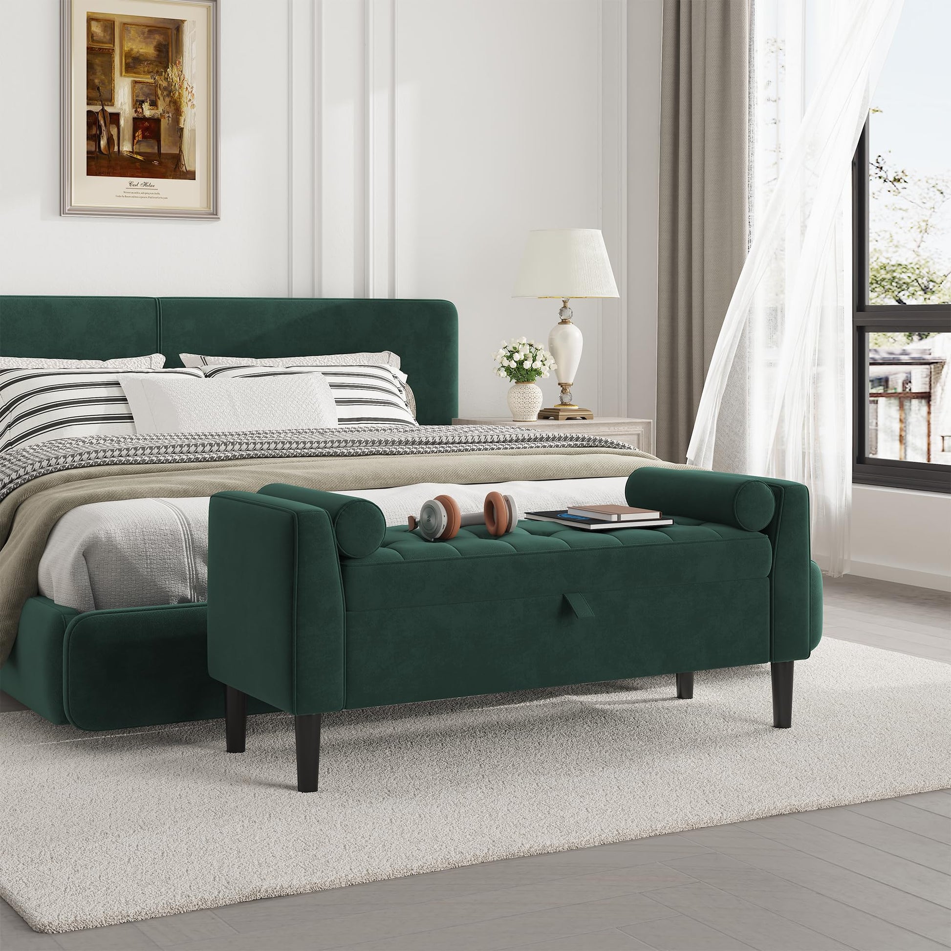 Panca ottomana Garvee con contenitore, imbottita, braccioli girevoli, verde, 46,5" per soggiorno e corridoio, struttura robusta