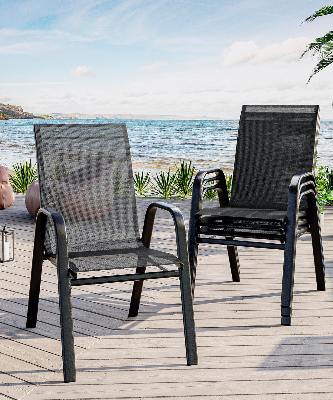 Set di 4 sedie da giardino Garvee, impilabili, leggere, in materiale Teslin traspirante, resistenti alle intemperie, nere, per giardino e piscina, 24,2"P*23,6"W*37,8"H