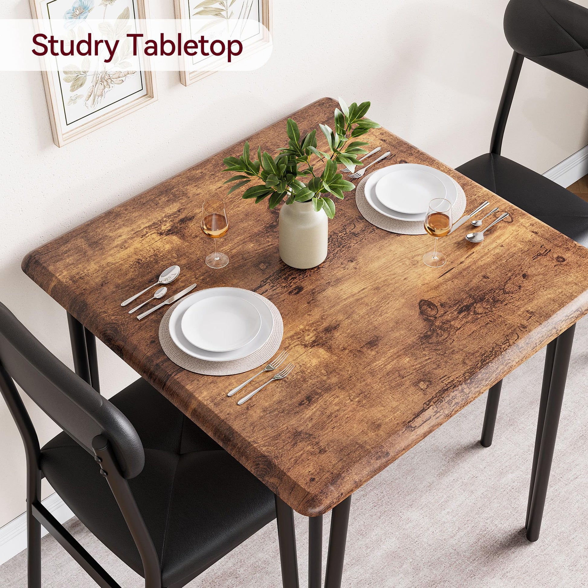 Set da pranzo Garvee per 2 persone con sedie imbottite, tavolo in MDF vintage, struttura in metallo robusto, salvaspazio, per cucina e stanze piccole, grigio/nero