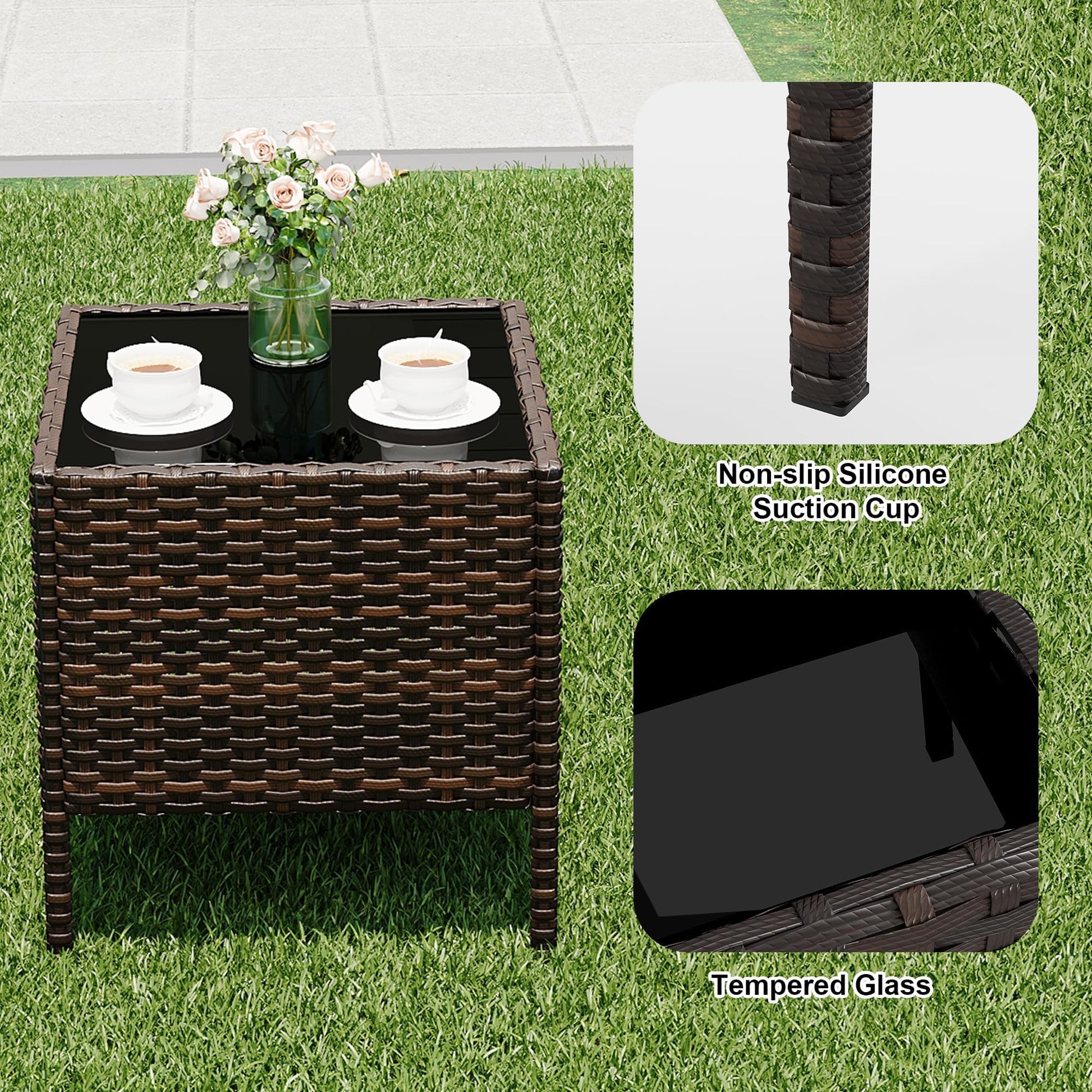 Set di mobili da giardino Garvee, 3 pezzi, rattan PE, sedie ergonomiche, tavolo in vetro, resistente alle intemperie, marrone-beige, balcone, giardino