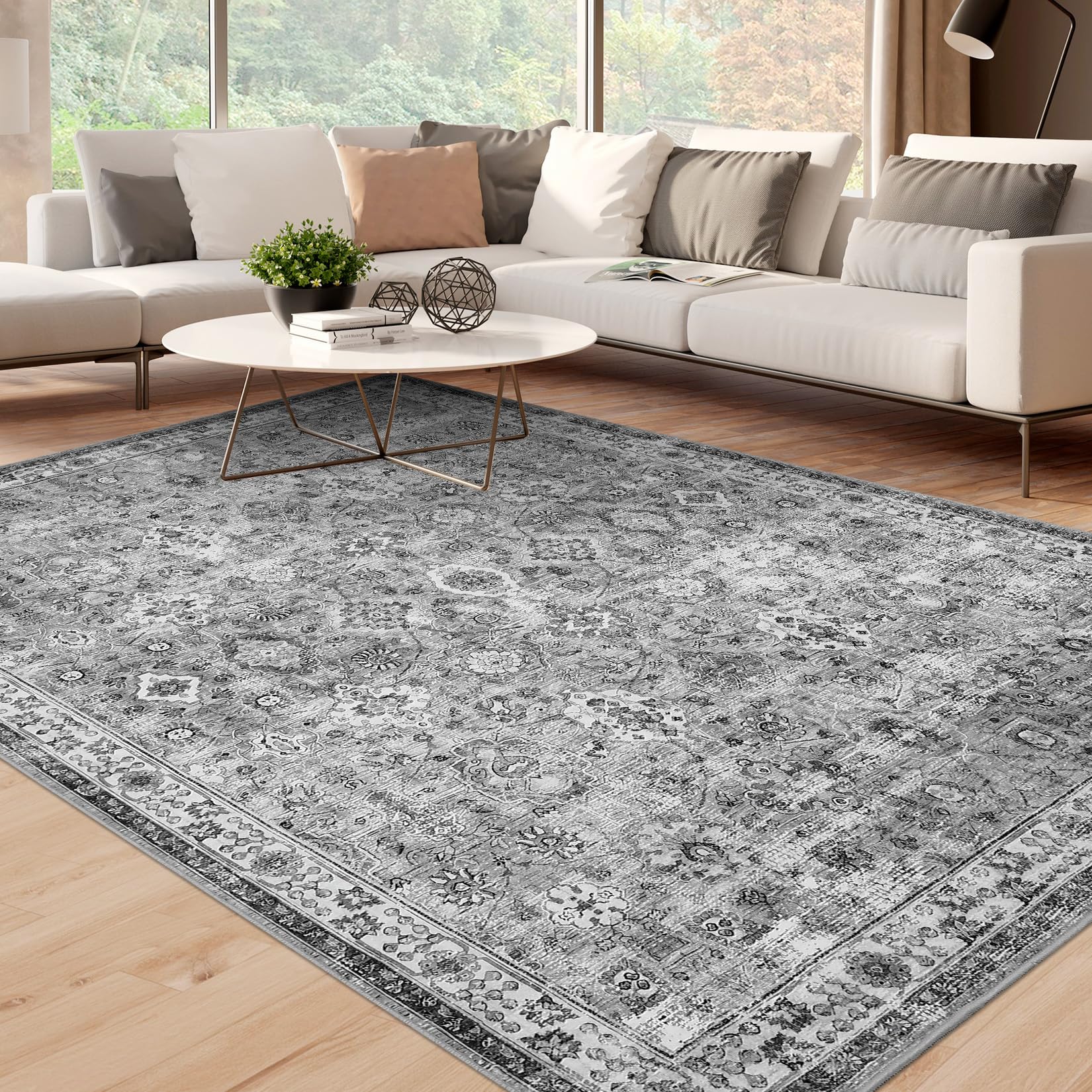 Tappeto vintage Garvee 120x170cm, antiscivolo, lavabile, stile boho, per soggiorno, camera da letto, sala da pranzo, grigio