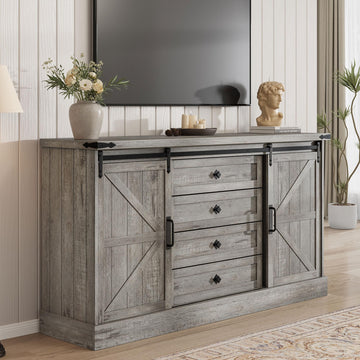 Mobile porta TV Garvee per camera da letto con ante scorrevoli, 4 cassetti, legno, maniglie a barra, per TV da 65 pollici, stile rustico, bianco