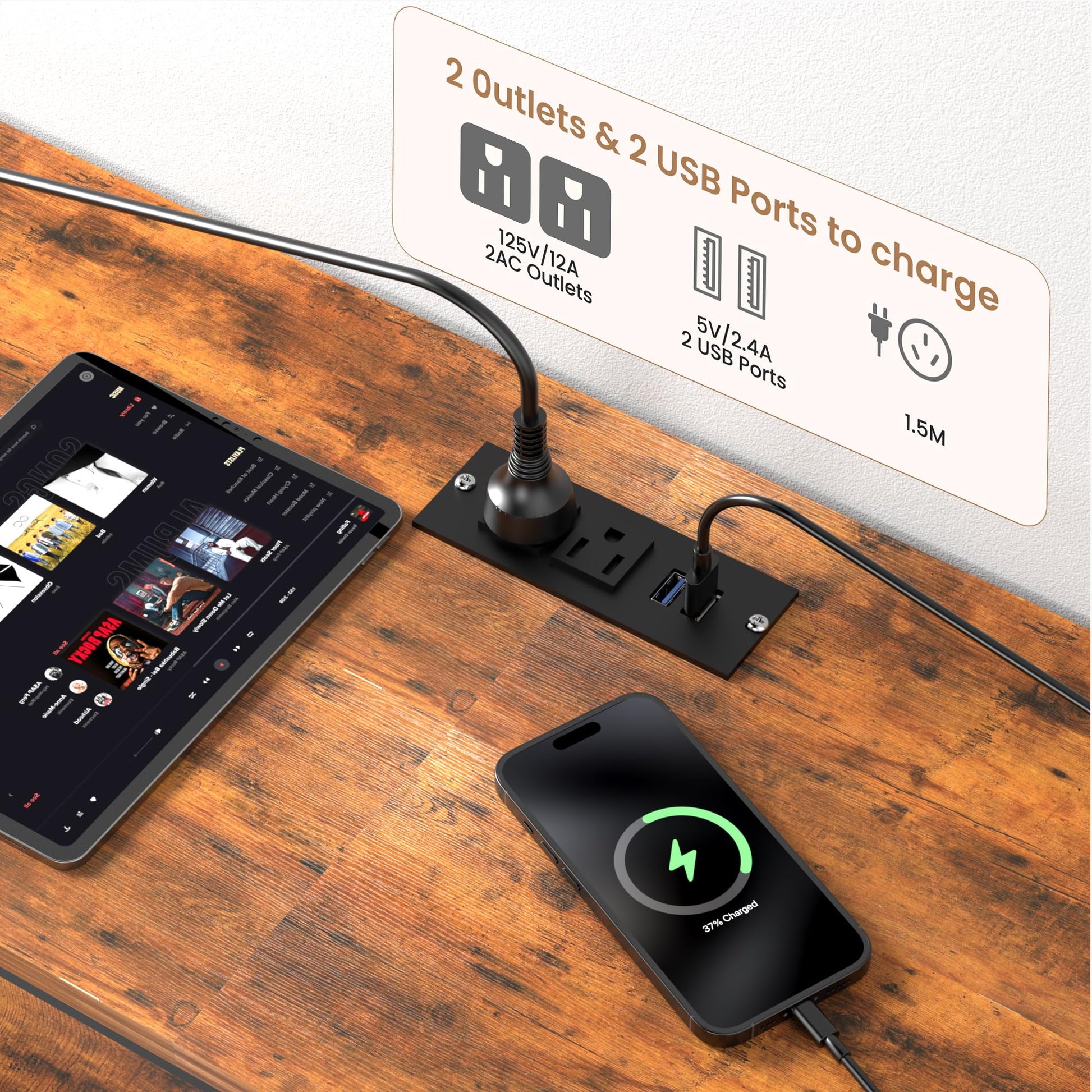 Supporto TV Garvee da 63" per TV da 65-75" con 12 cassetti, illuminazione a LED, tessuto, caricabatterie, struttura in metallo per soggiorno e camera da letto