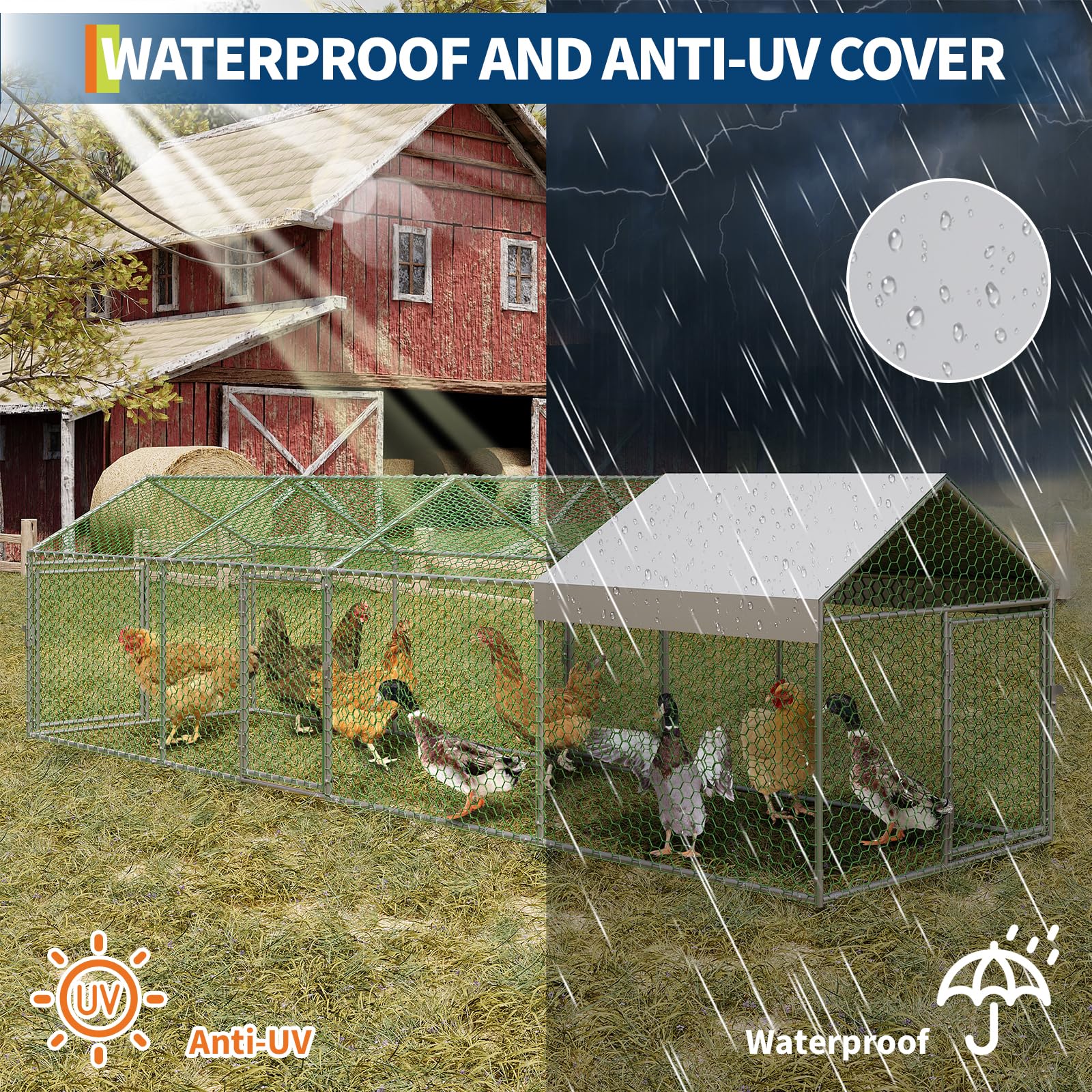 Pollaio Garvee Large 160 x 40 x 40 pollici con 4 porte, resistente alle intemperie, tubo in acciaio zincato, recinzione metallica sicura per polli e conigli, robusta e resistente alle intemperie