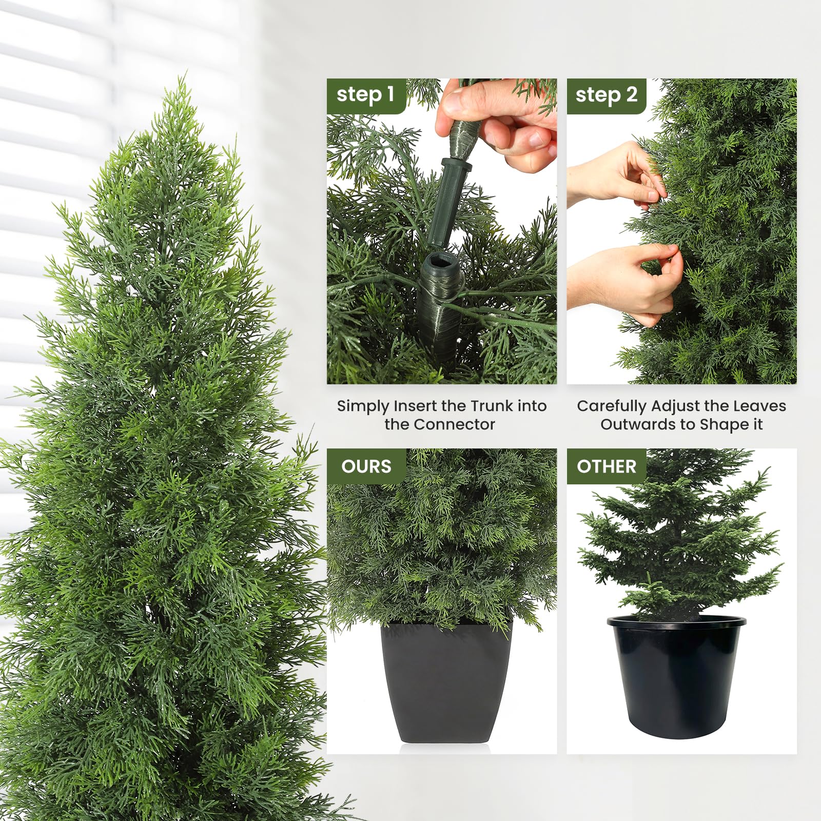 Albero di cedro artificiale Garvee da 48 pollici, resistente ai raggi UV, realistico, tronco di legno, resistente alle intemperie, set da 2, decorazione natalizia per esterni, verde