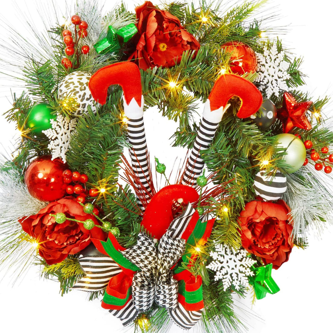 Ghirlanda natalizia Garvee da 24 pollici con 20 luci LED, a batteria, per porta d'ingresso e decorazione natalizia, avorio, palline di Natale, fiocchi