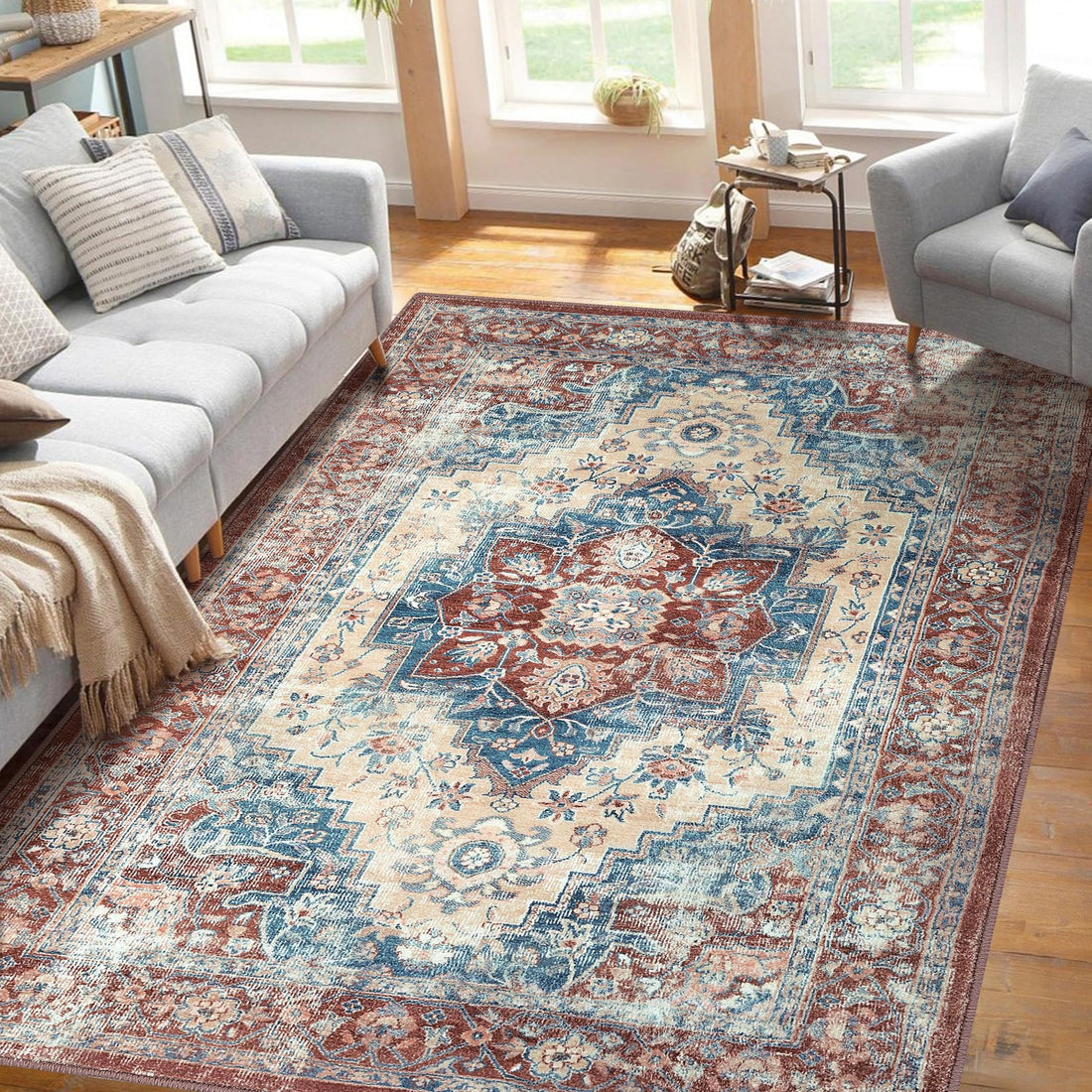Tappeto tradizionale vintage Garvee, design orientale, antiscivolo, lavabile, 160x230 cm, ruggine, per soggiorno e sala da pranzo