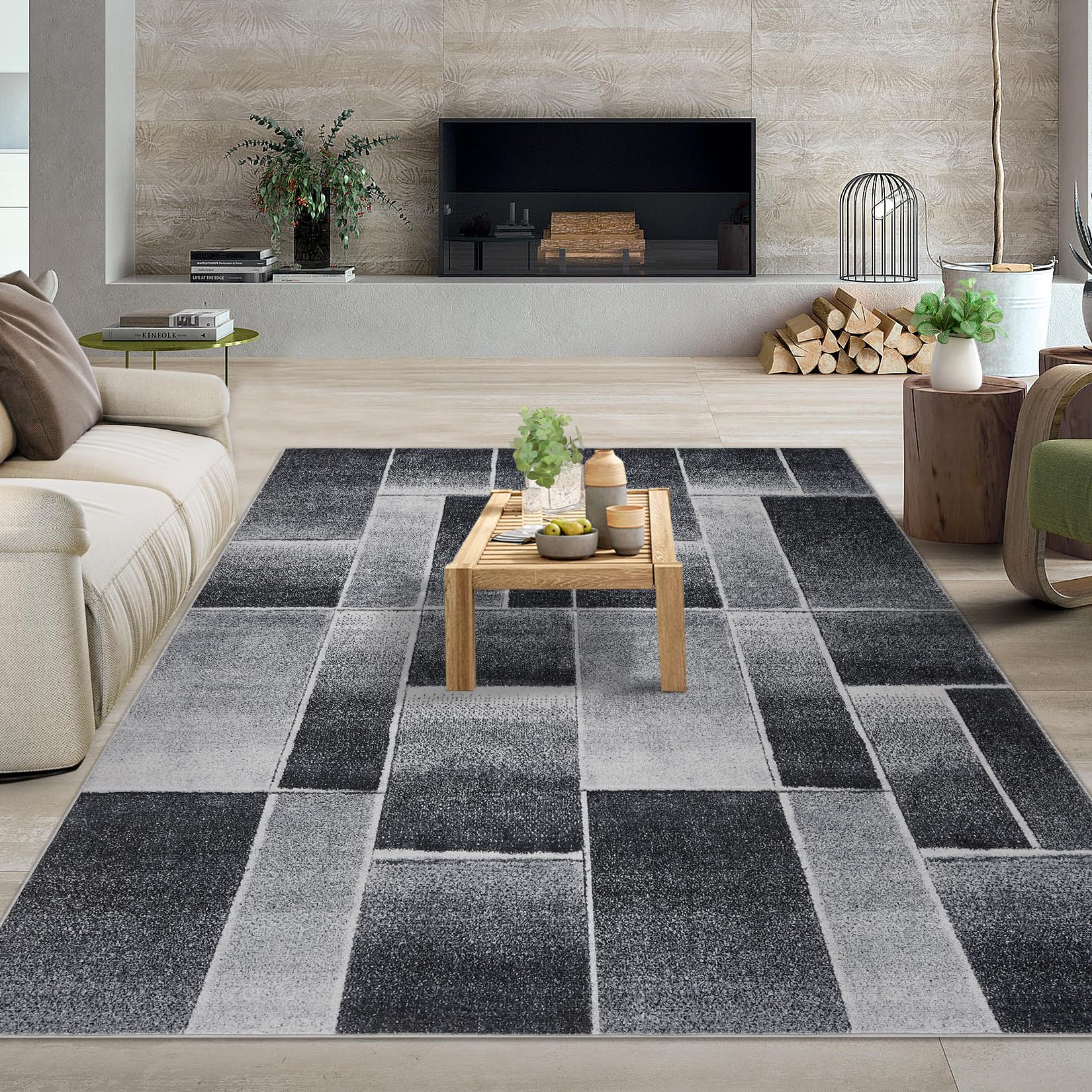 Tappeto moderno a pelo corto Garvee con taglio sagomato e motivo geometrico per soggiorno e camera da letto, 200x290 cm, nero