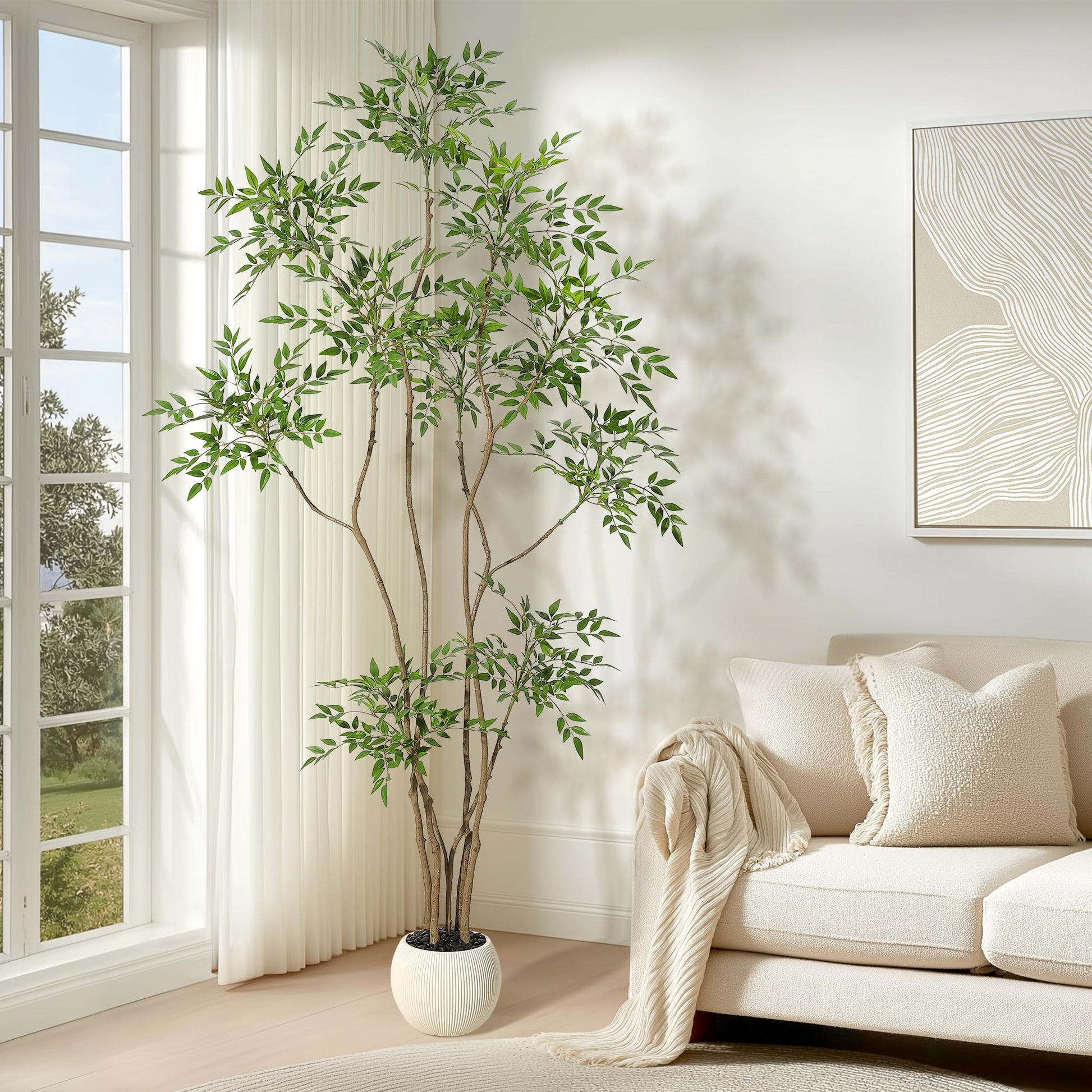 Pianta artificiale da interno Garvee, albero Nandina da 2,1 m con vaso bianco, realistica, facile da pulire, in plastica, decorazione per soggiorno e ufficio