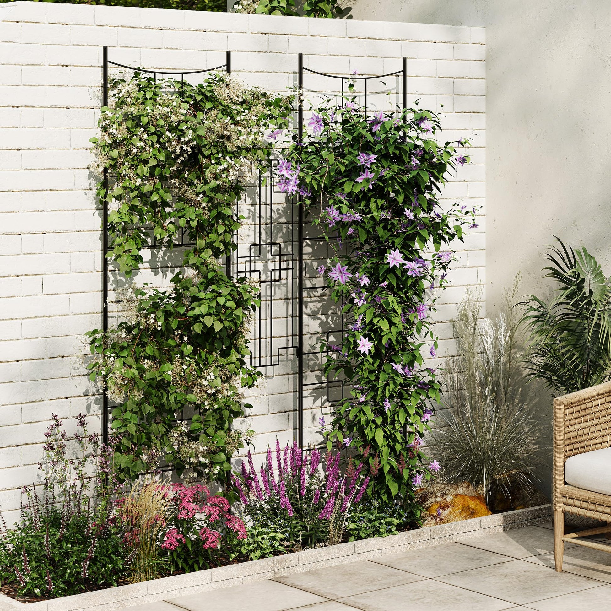 Traliccio da giardino in metallo Garvee 51"x66" nero, antiruggine, design barocco, 2 pezzi, supporto per piante per rose e ortaggi in giardino