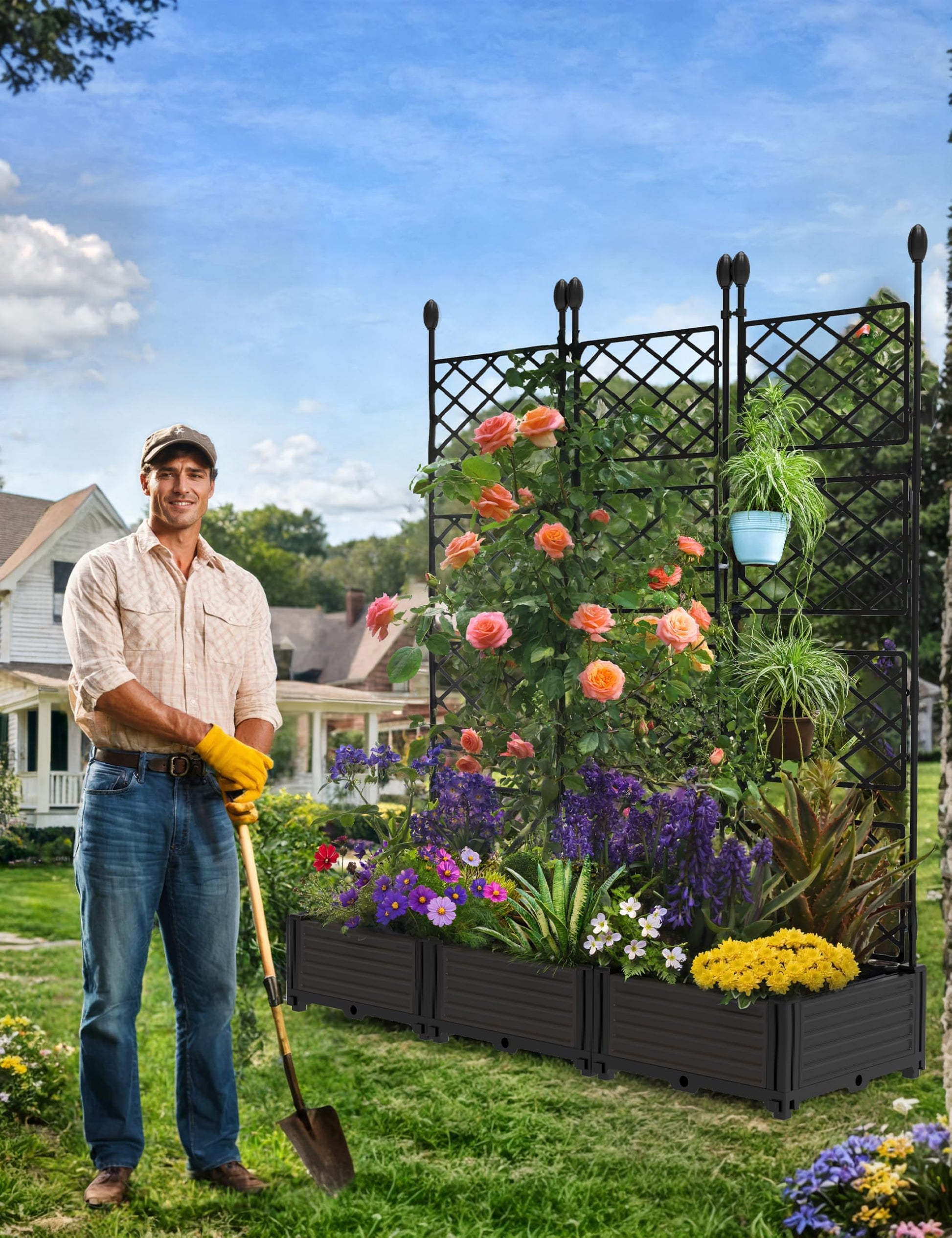 Aiuola rialzata Garvee da 3 pezzi con traliccio, in plastica, antivento, resistente, per balcone e giardino, nera