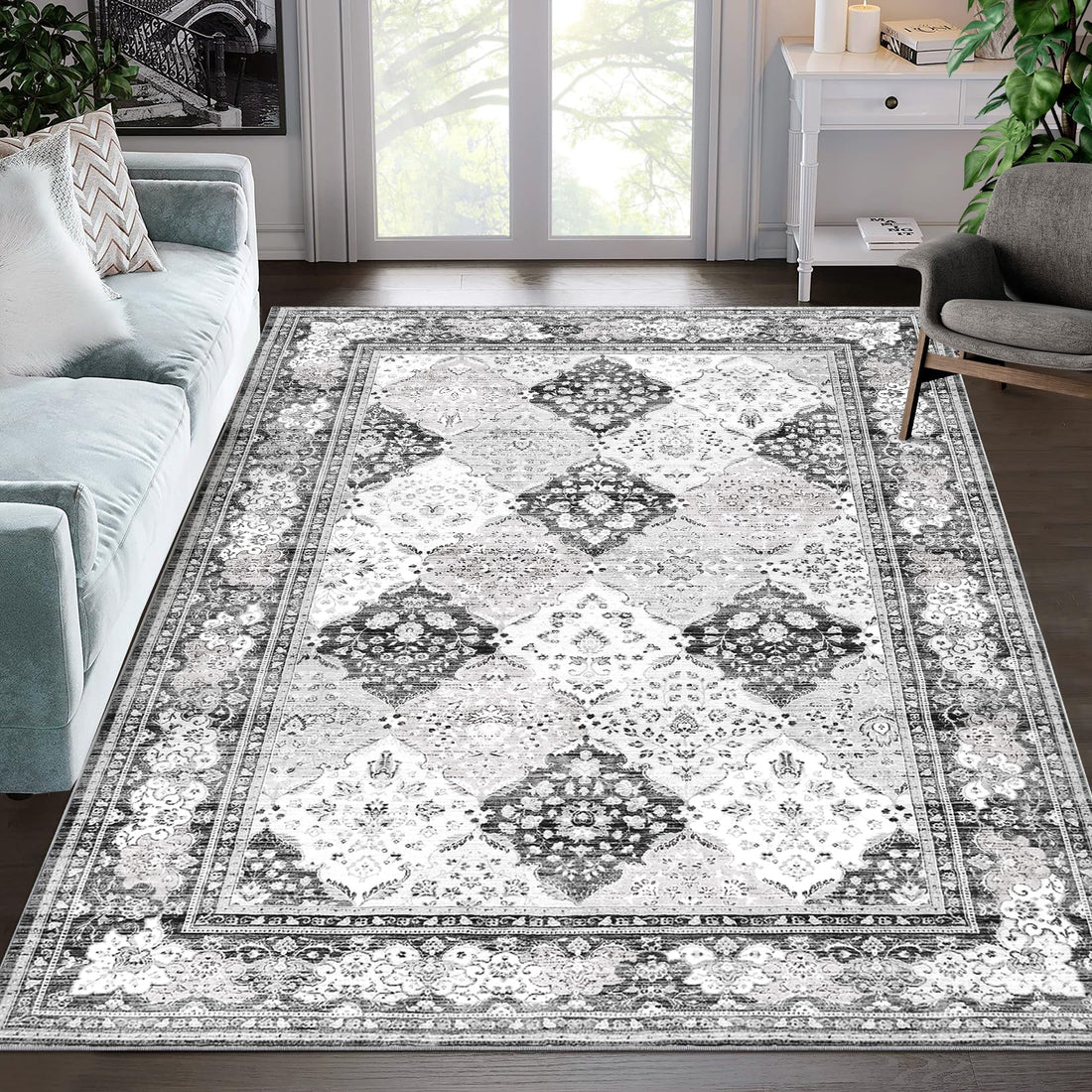 Garvee Boho Rugs Tappeto sottile antiscivolo lavabile per soggiorno, sala da pranzo, camera da letto, cucina, ufficio, 120x170 cm, grigio